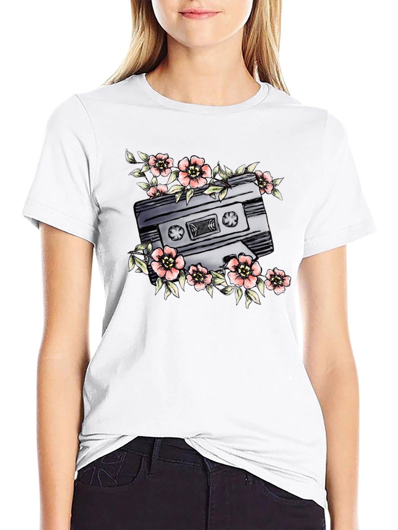 Floral Cassette Graphic Tee - Retro Style