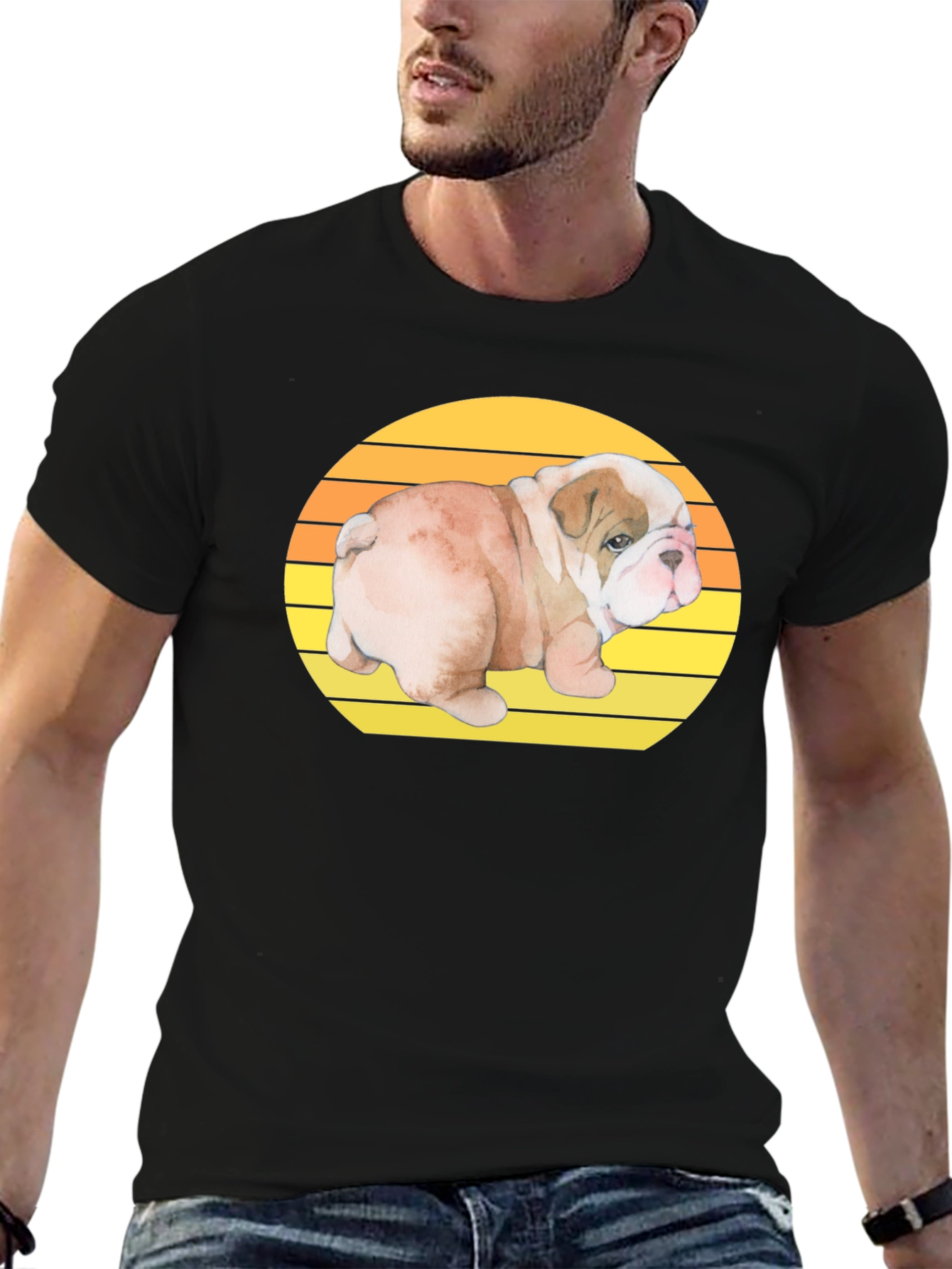 Bulldog Puppy Sunset Graphic T-Shirt