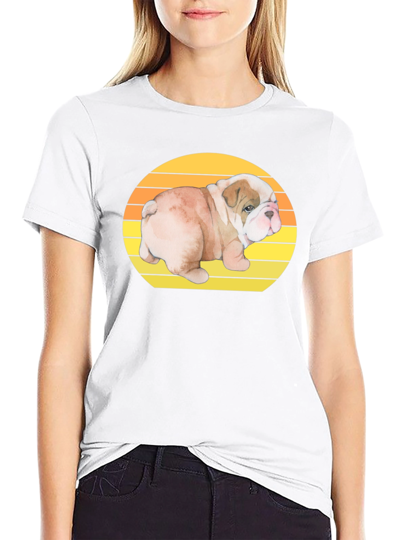 Bulldog Puppy Sunset Graphic T-Shirt
