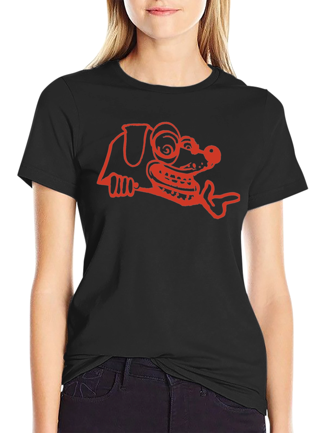 Cartoon Dog Graphic Tee - Black Cotton T-Shirt