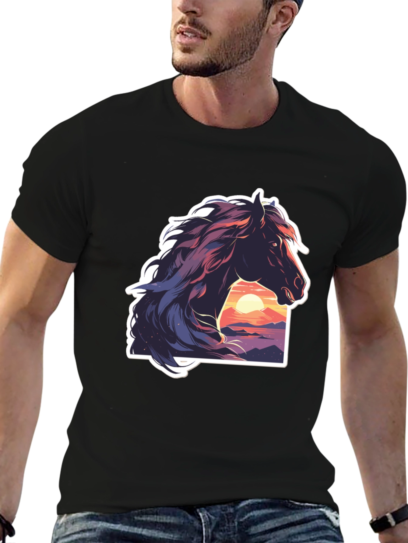Horse Sunset Graphic Black T-Shirt