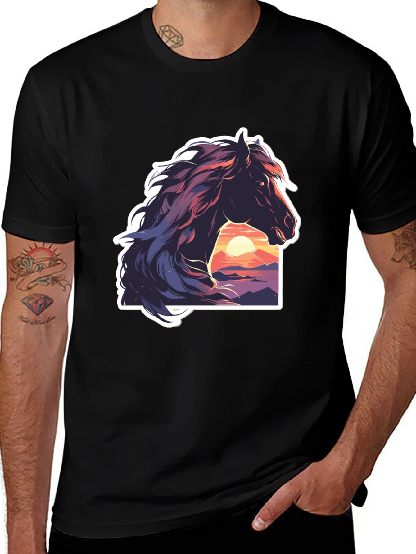 Horse Sunset Graphic Black T-Shirt
