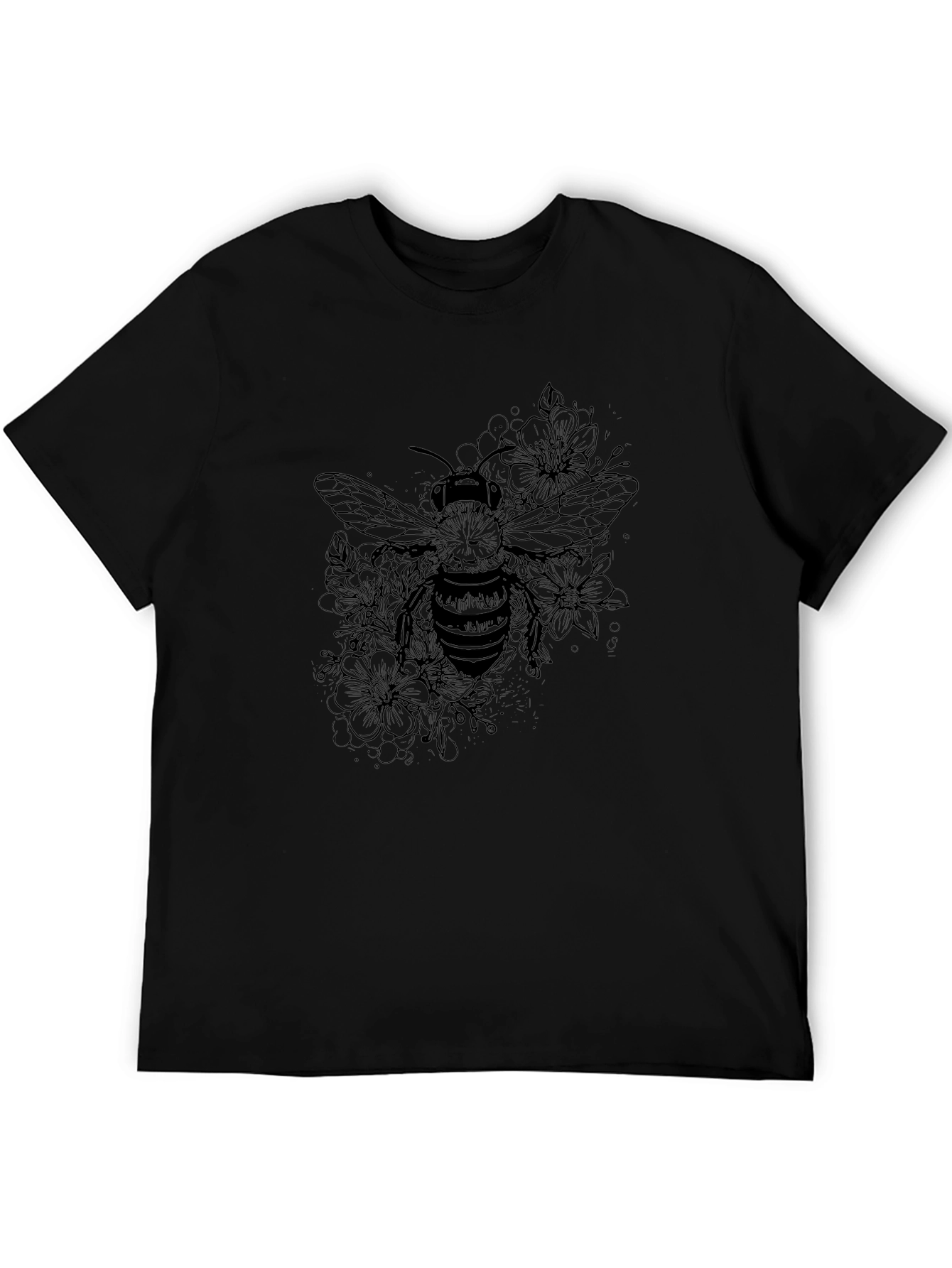 Bee and Floral Print Black T-Shirt