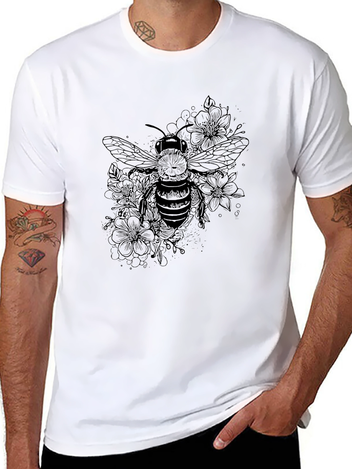Bee and Floral Print Black T-Shirt