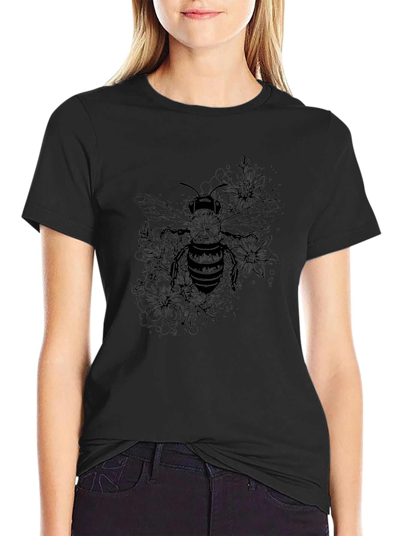 Bee and Floral Print Black T-Shirt