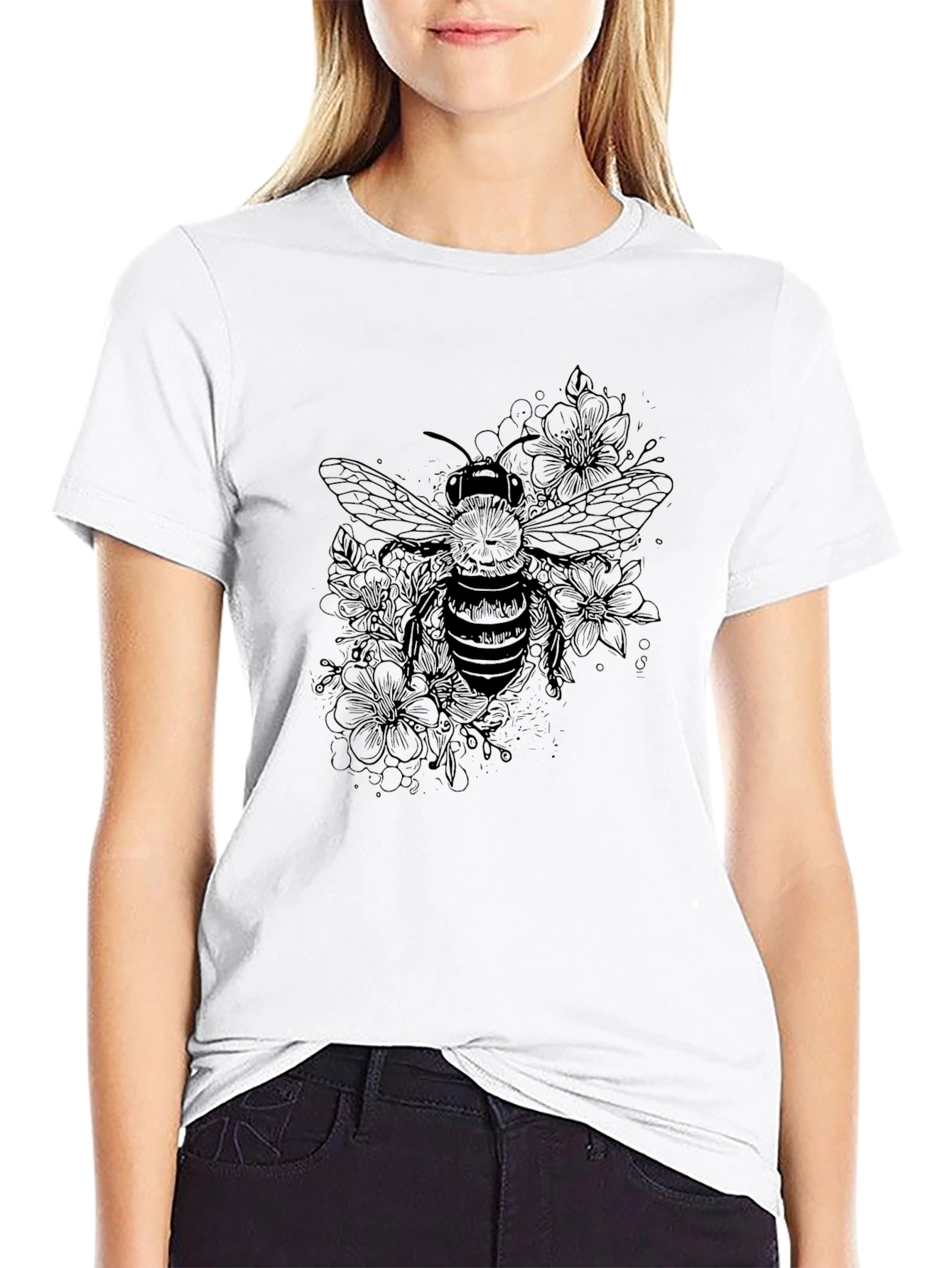 Bee and Floral Print Black T-Shirt