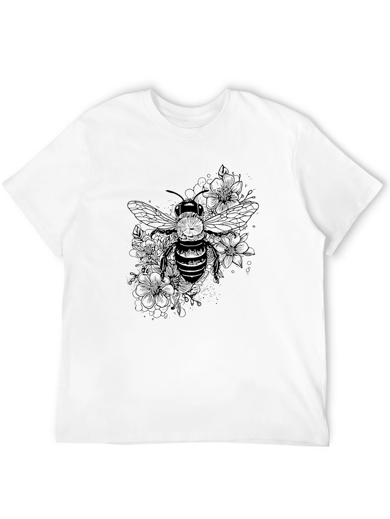 Bee and Floral Print Black T-Shirt