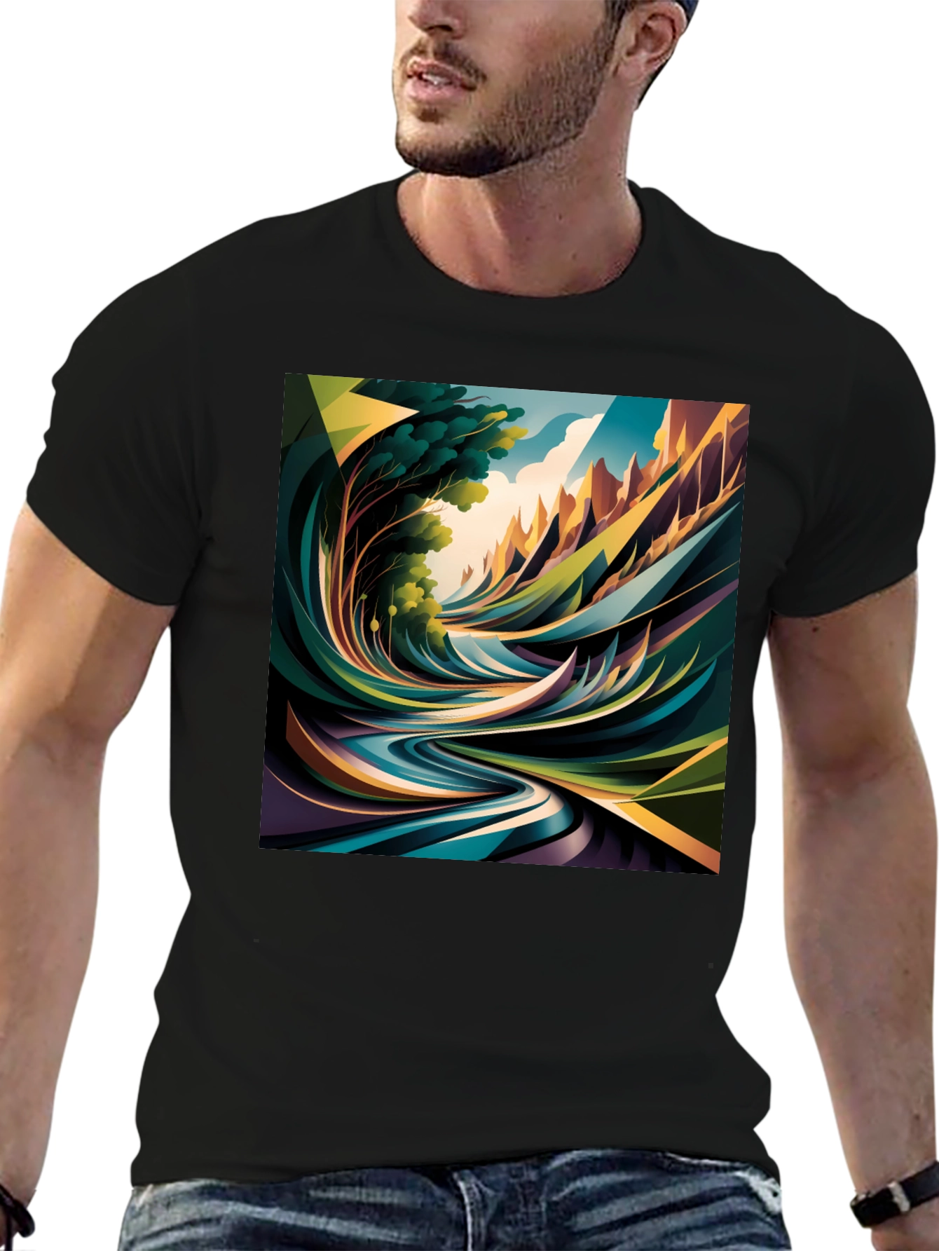 Abstract Nature Print Black T-Shirt