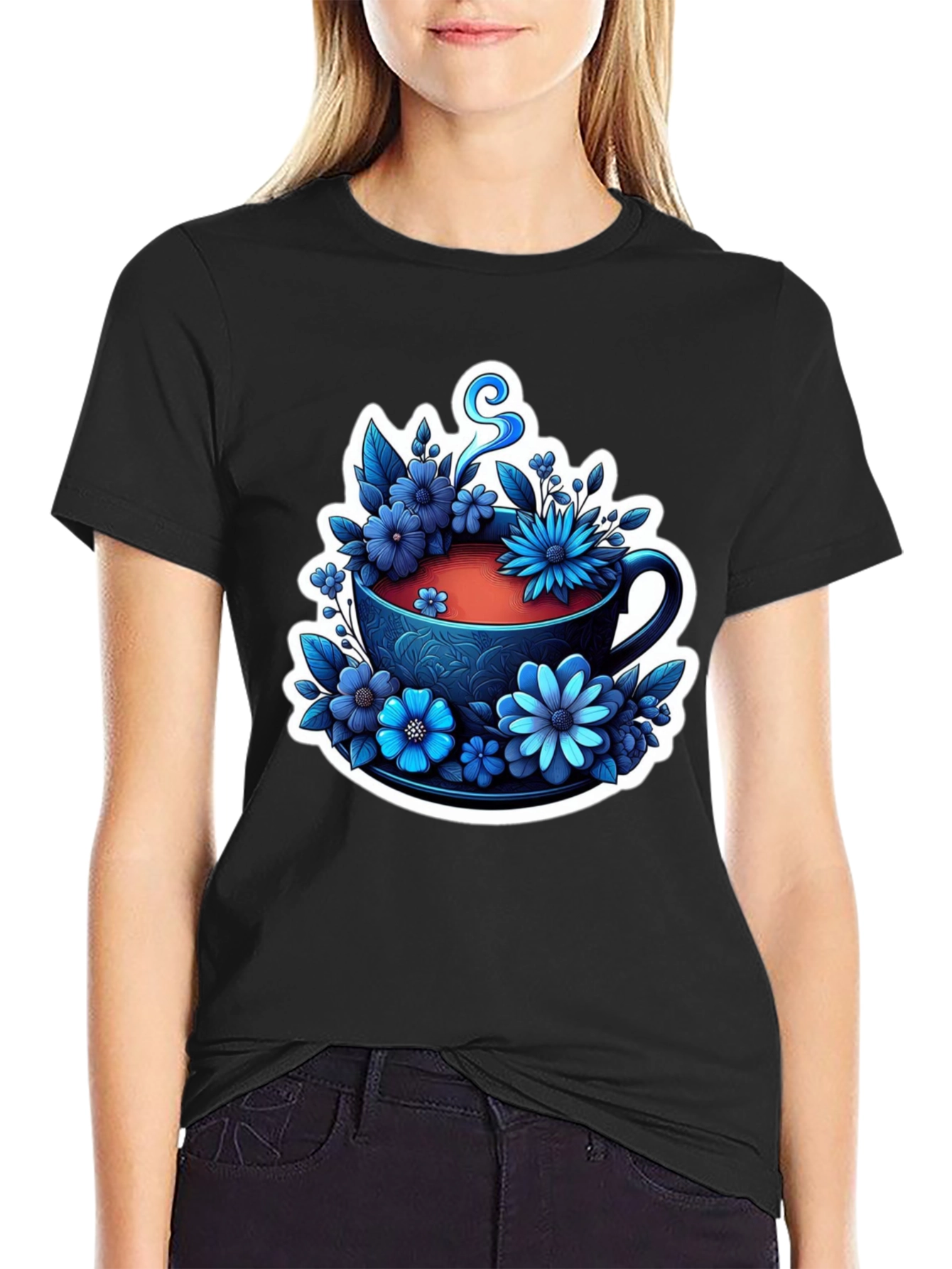 Floral Teacup Graphic Tee - Black