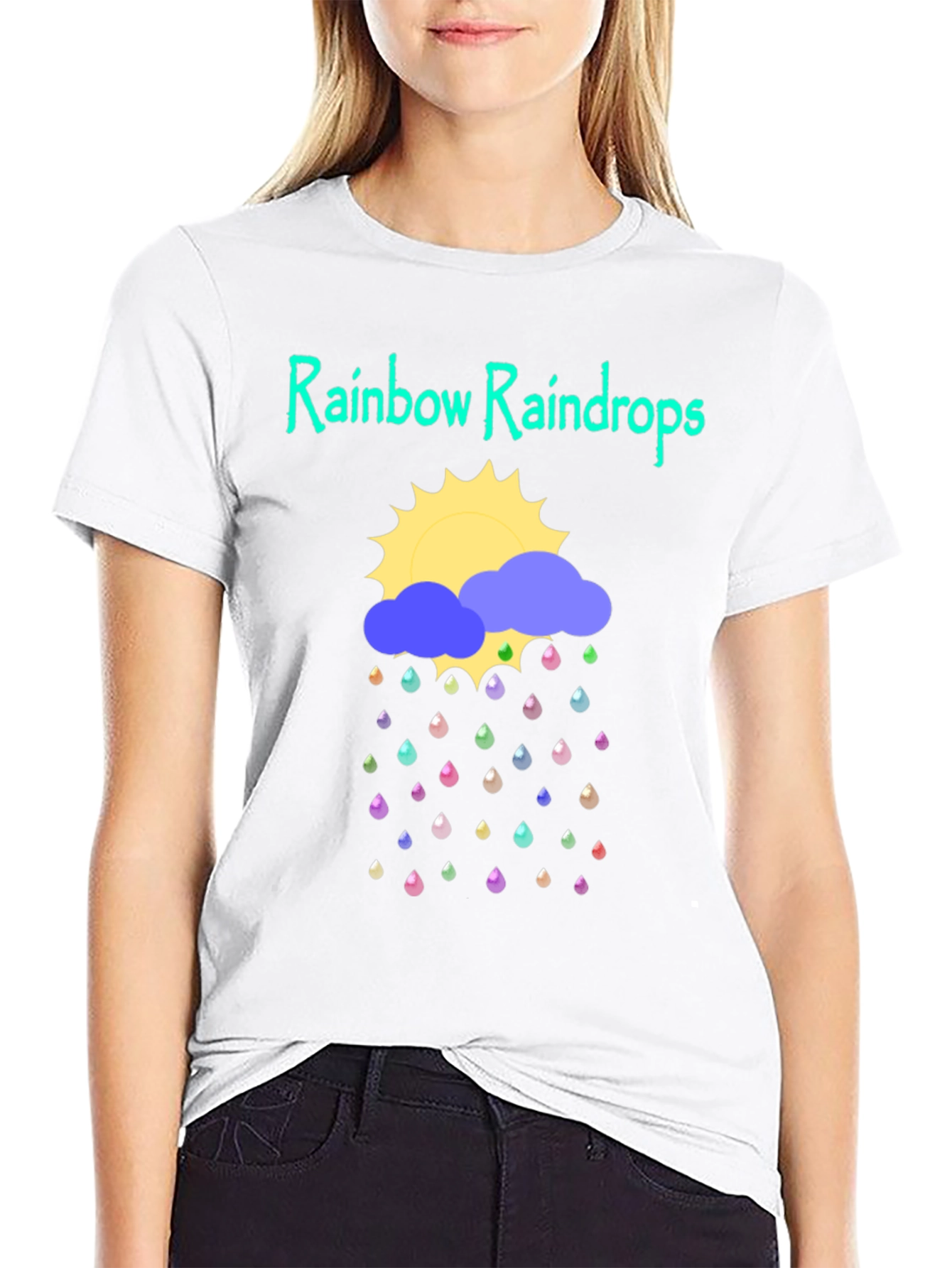 Rainbow Raindrops Graphic T-Shirt - Fun Weather Design