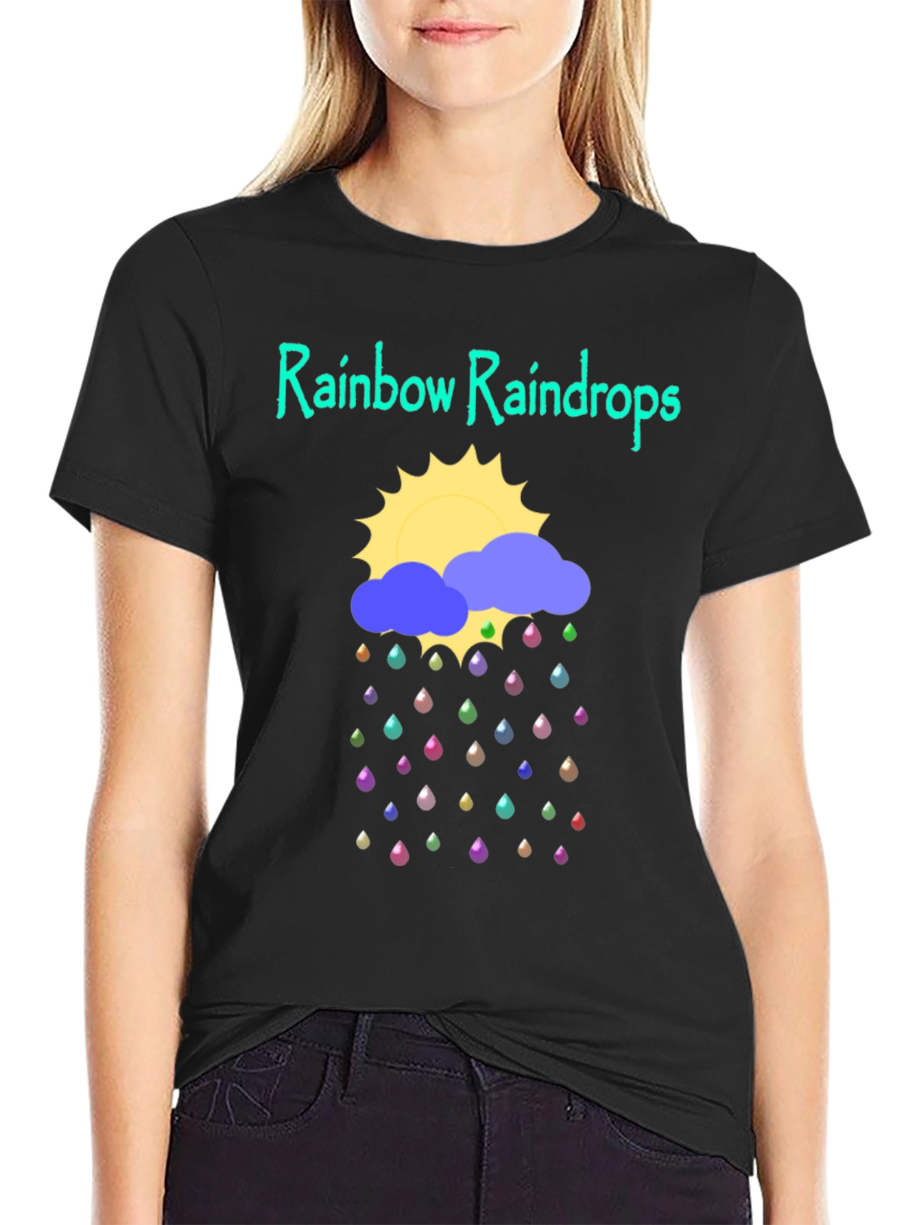 Rainbow Raindrops Graphic T-Shirt - Fun Weather Design