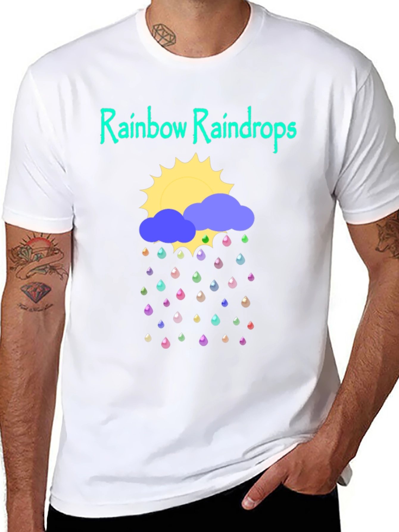 Rainbow Raindrops Graphic T-Shirt - Fun Weather Design