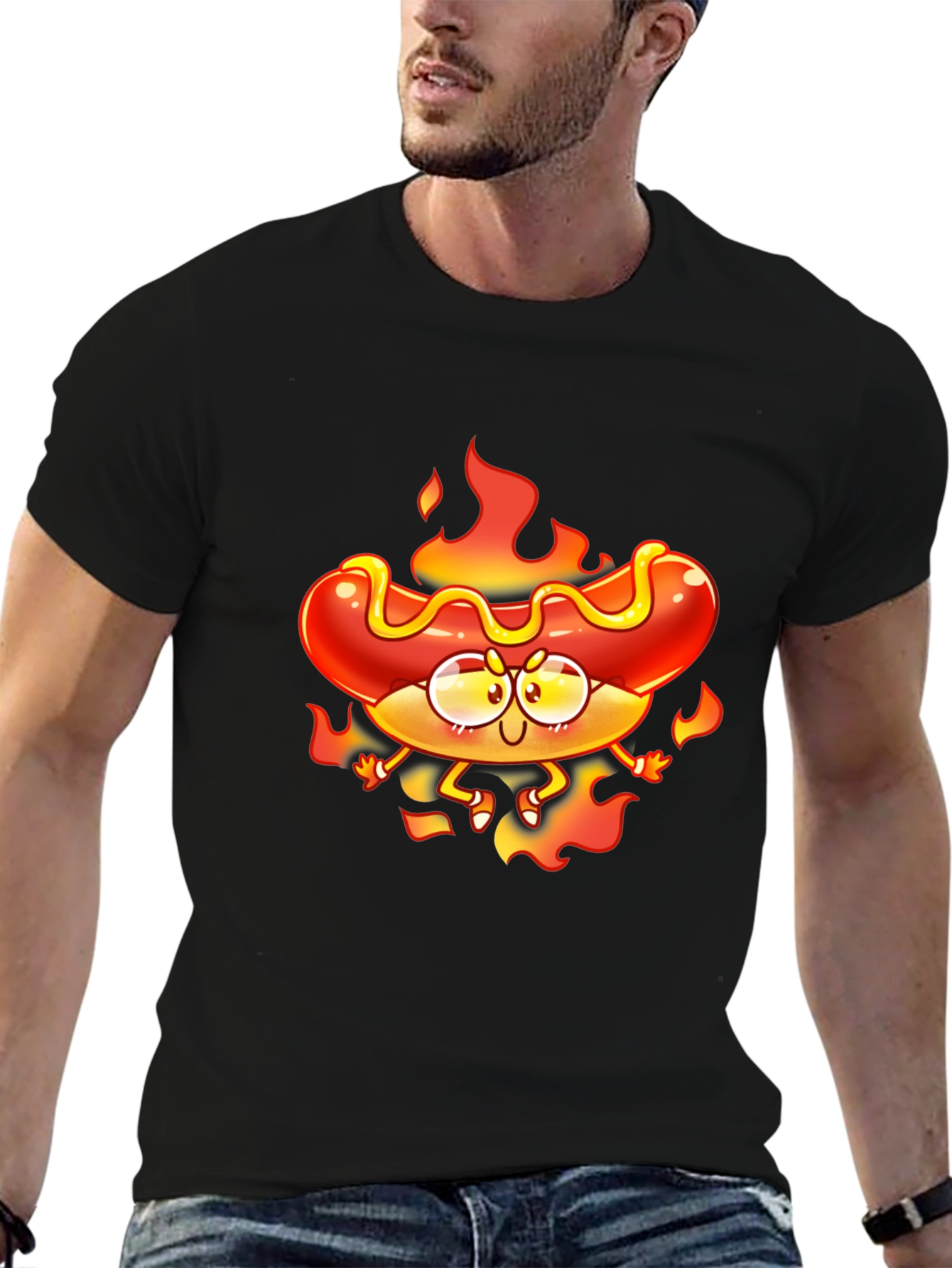 Flaming Hotdog Cartoon Graphic T-Shirt