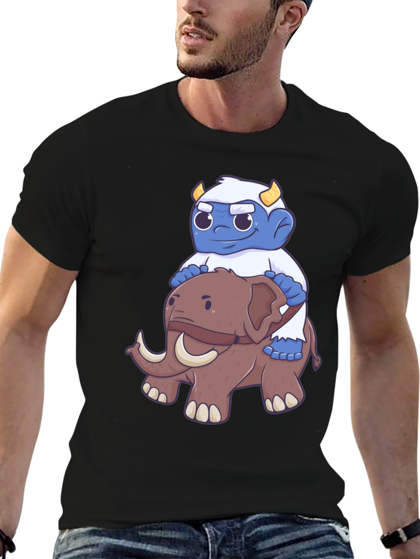 Cartoon Monster Riding Mammoth Graphic T-Shirt