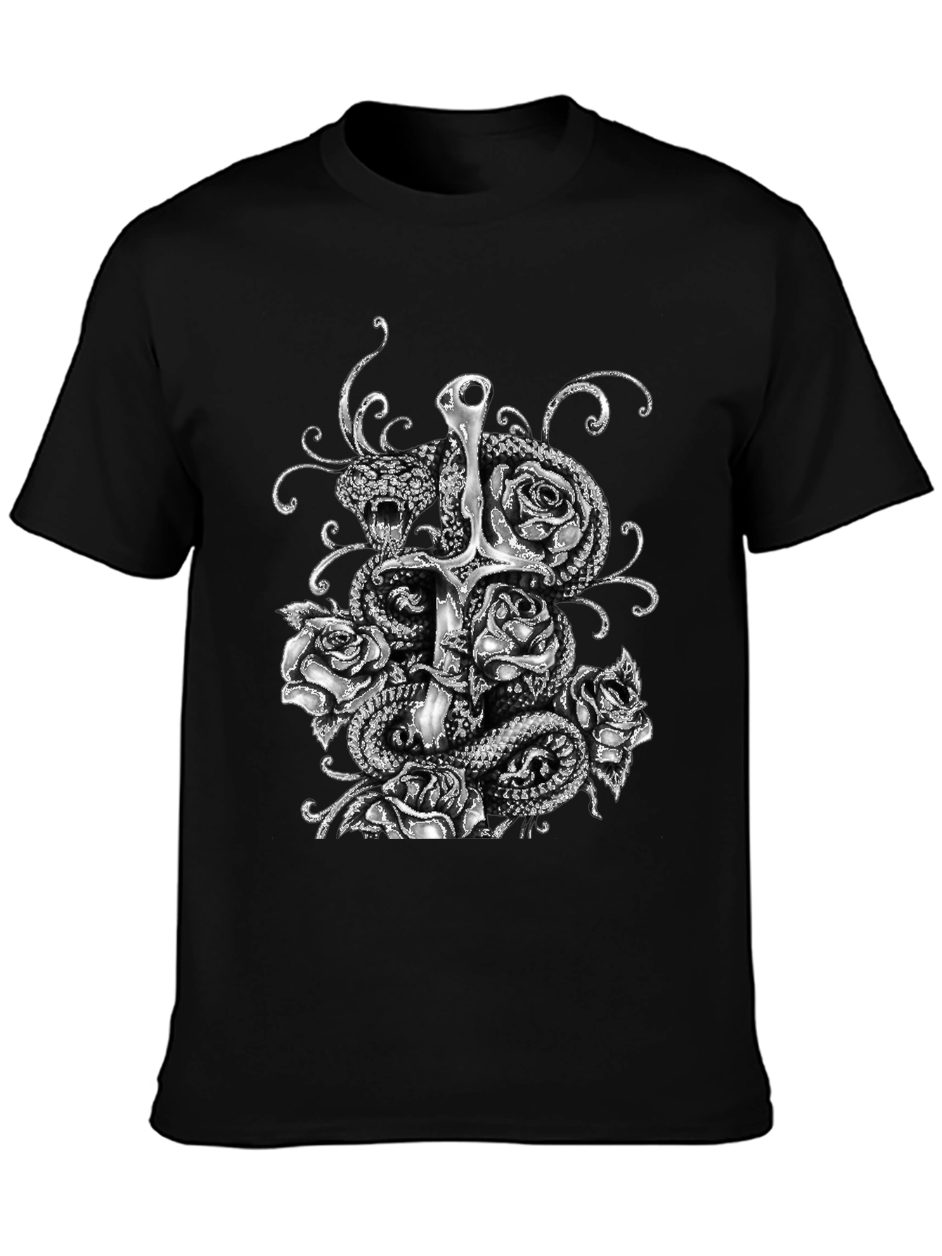 Serpent & Sword T-Shirt: Gothic Rose Design