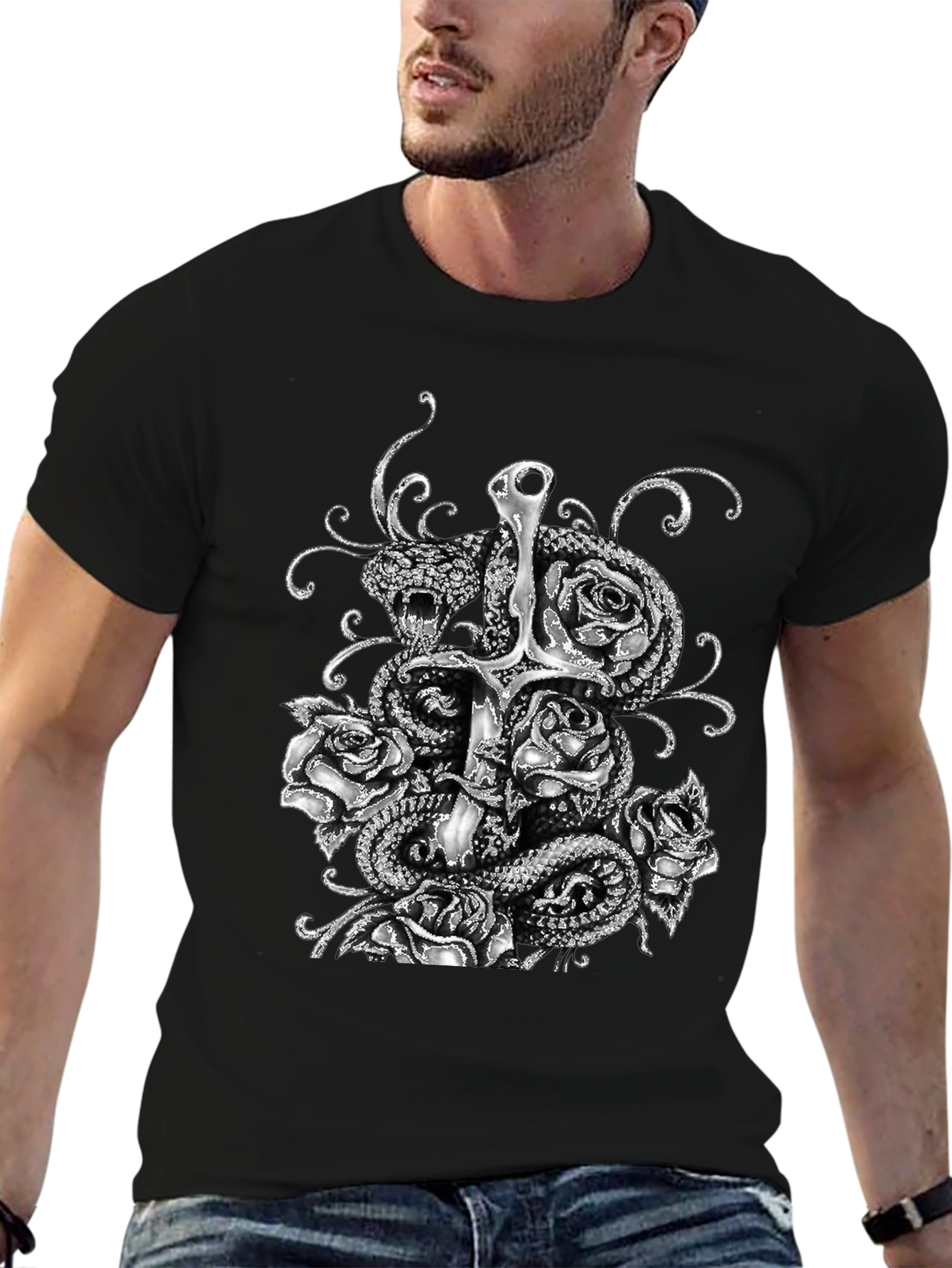 Serpent & Sword T-Shirt: Gothic Rose Design