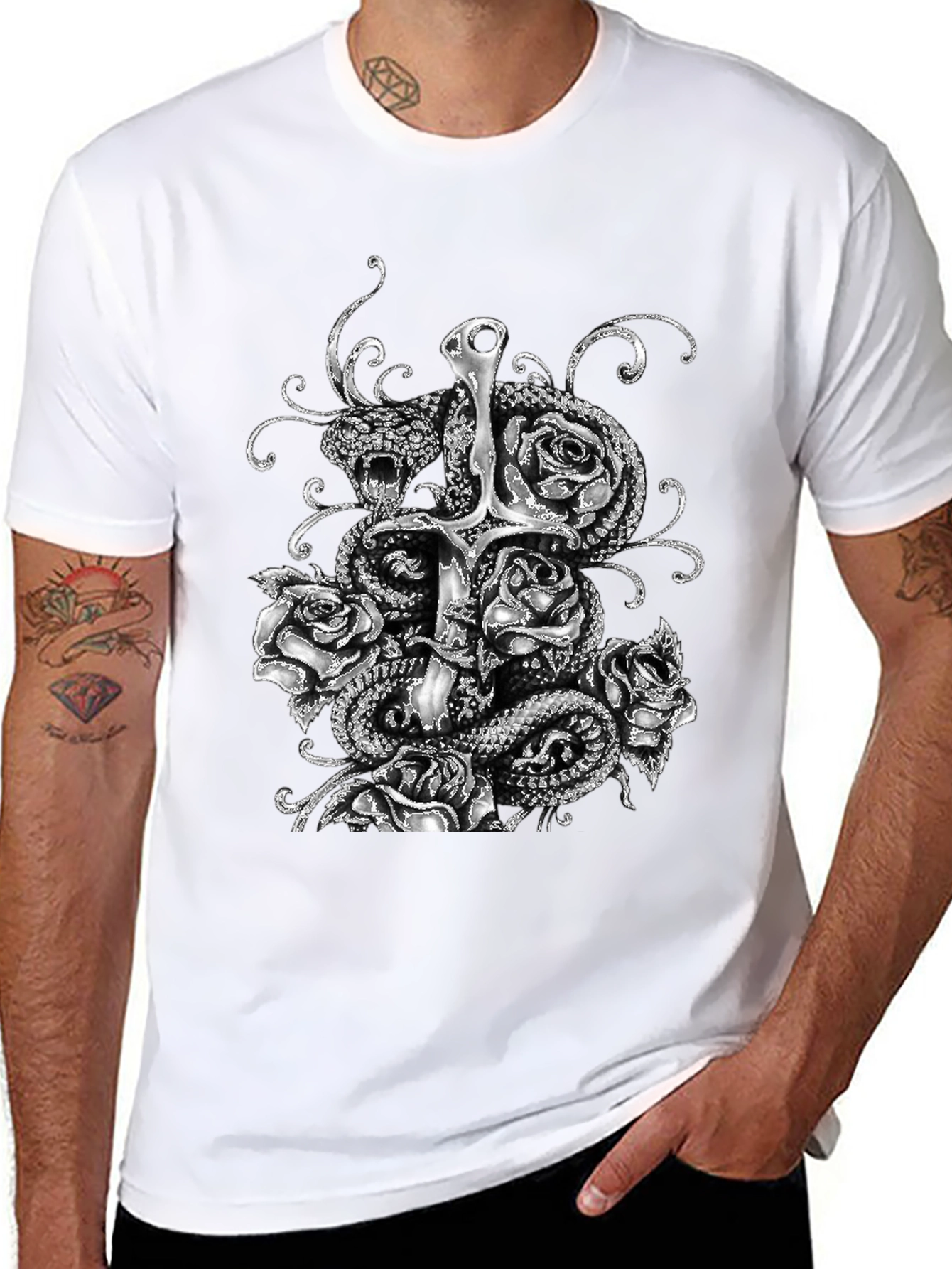 Serpent & Sword T-Shirt: Gothic Rose Design