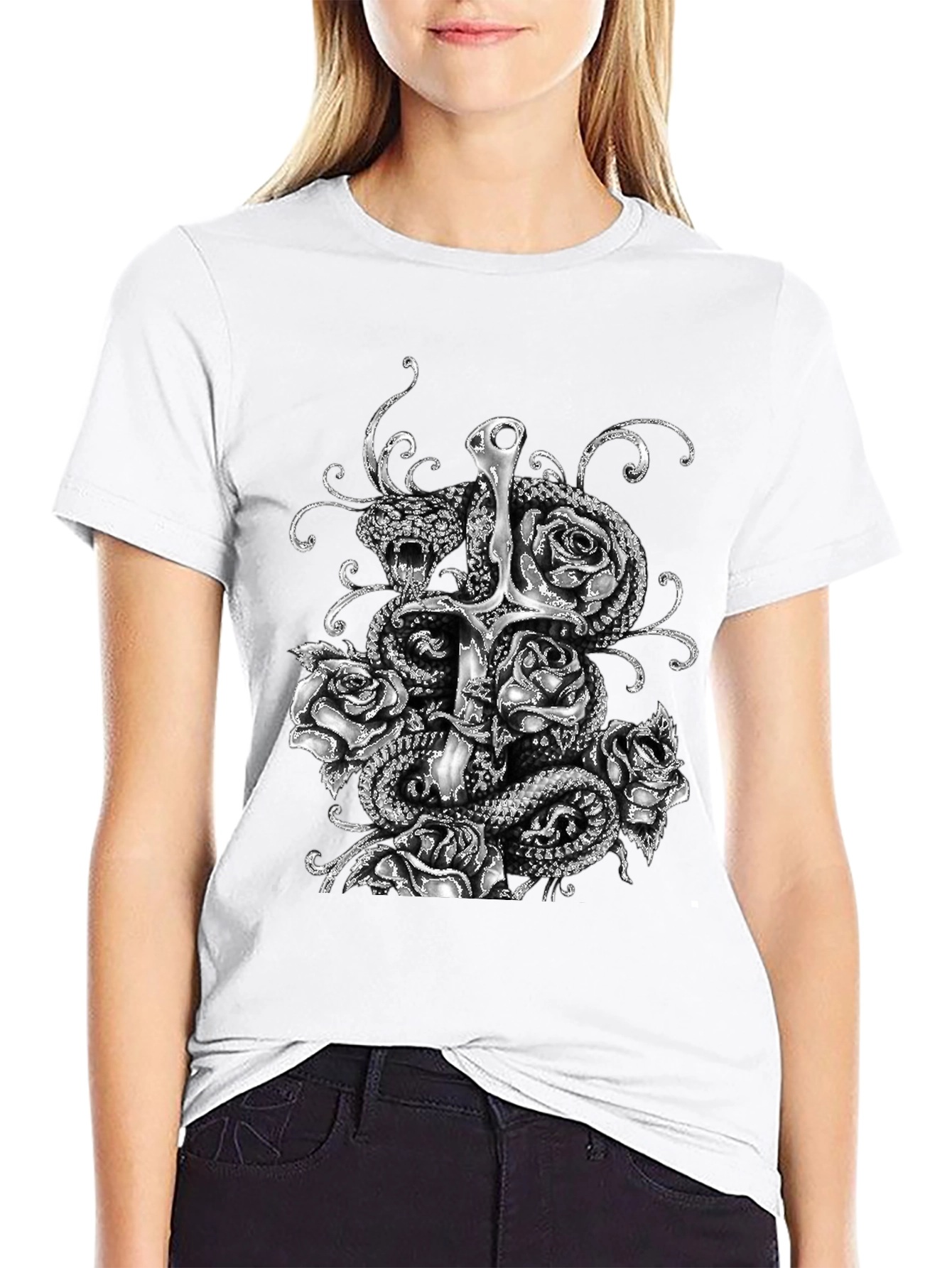Serpent & Sword T-Shirt: Gothic Rose Design
