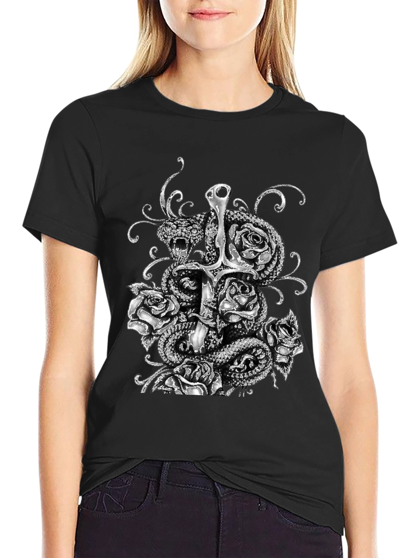 Serpent & Sword T-Shirt: Gothic Rose Design