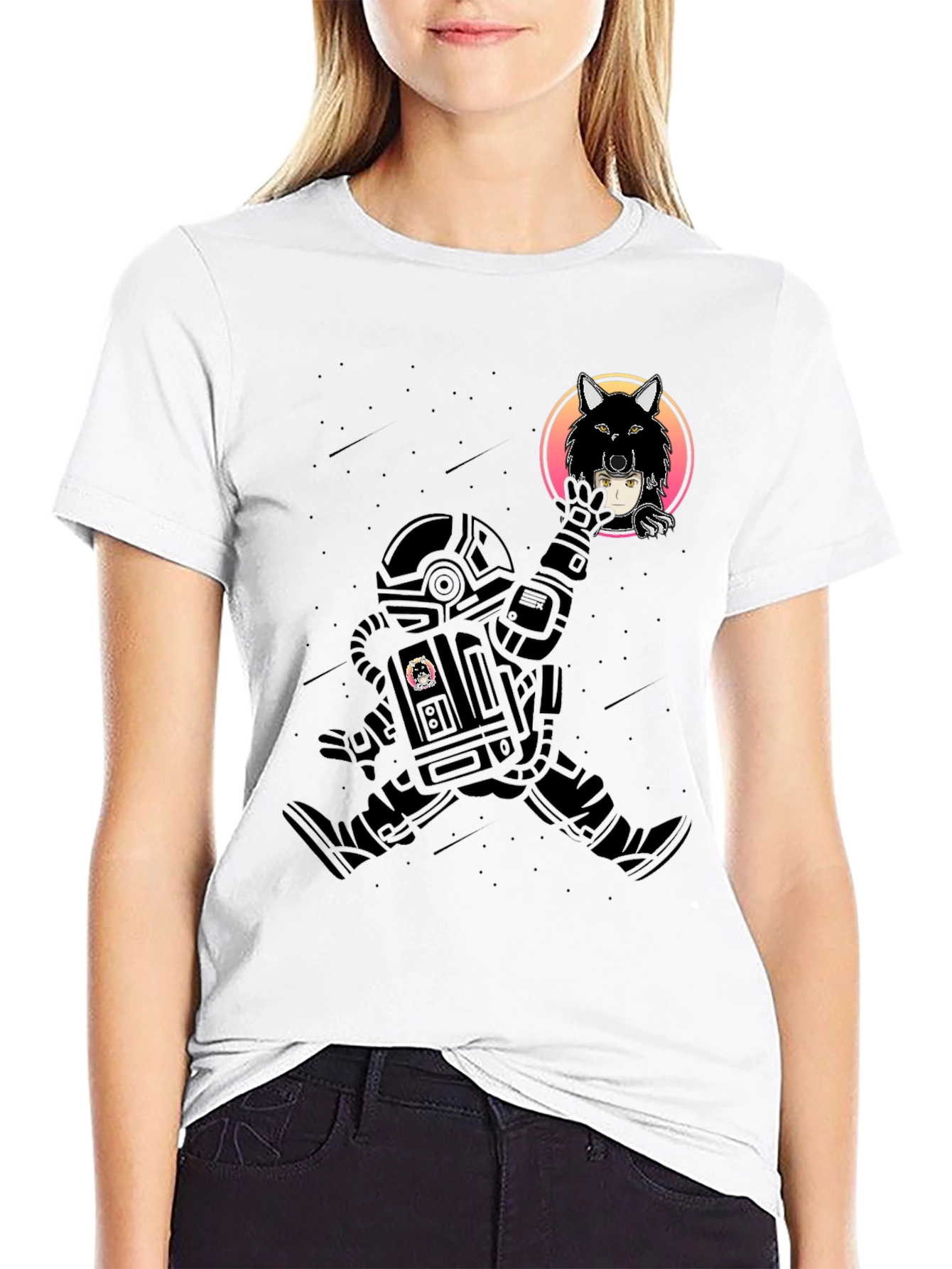 Astronaut & Wolf Graphic Print Black T-Shirt