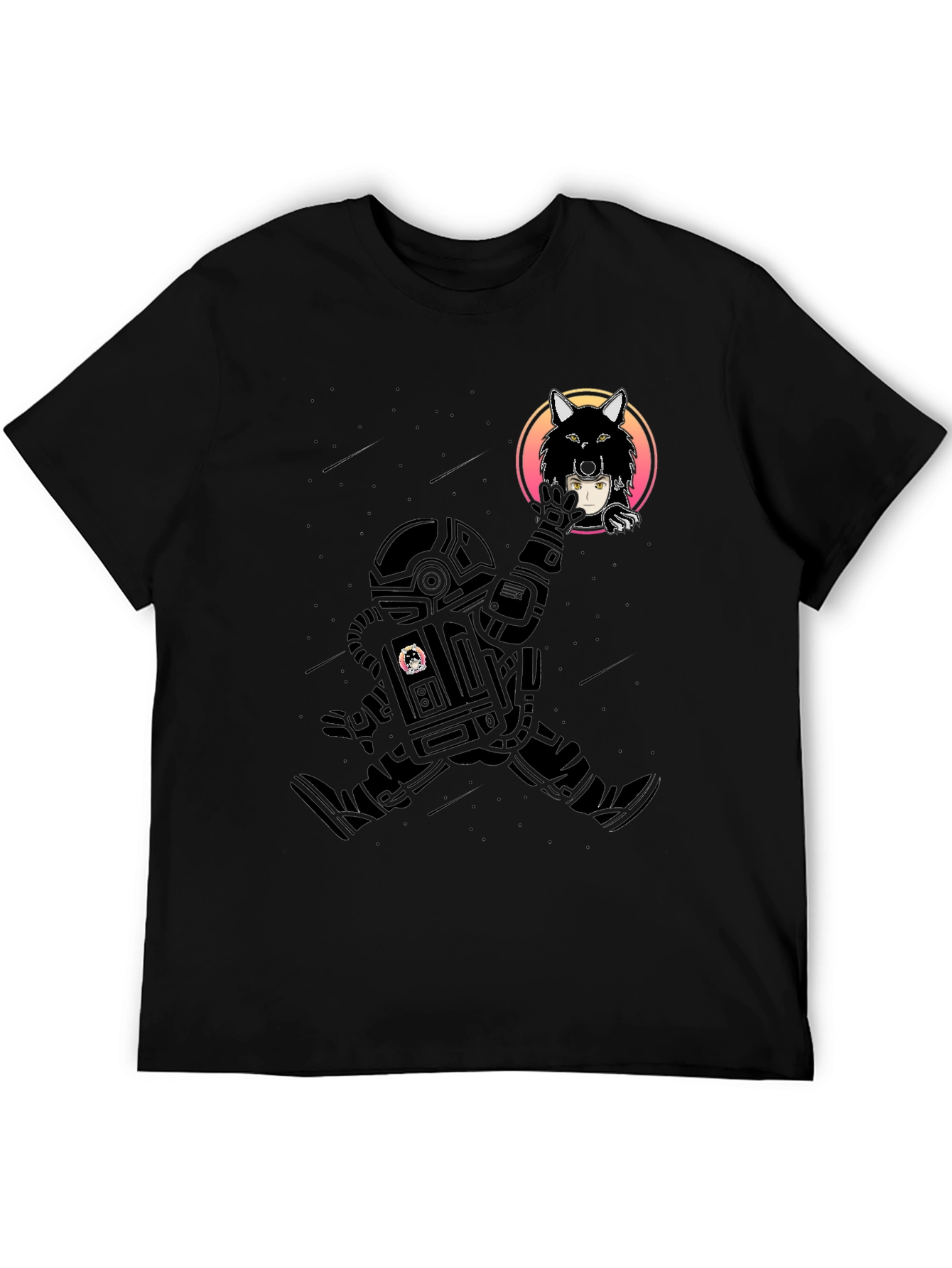 Astronaut & Wolf Graphic Print Black T-Shirt