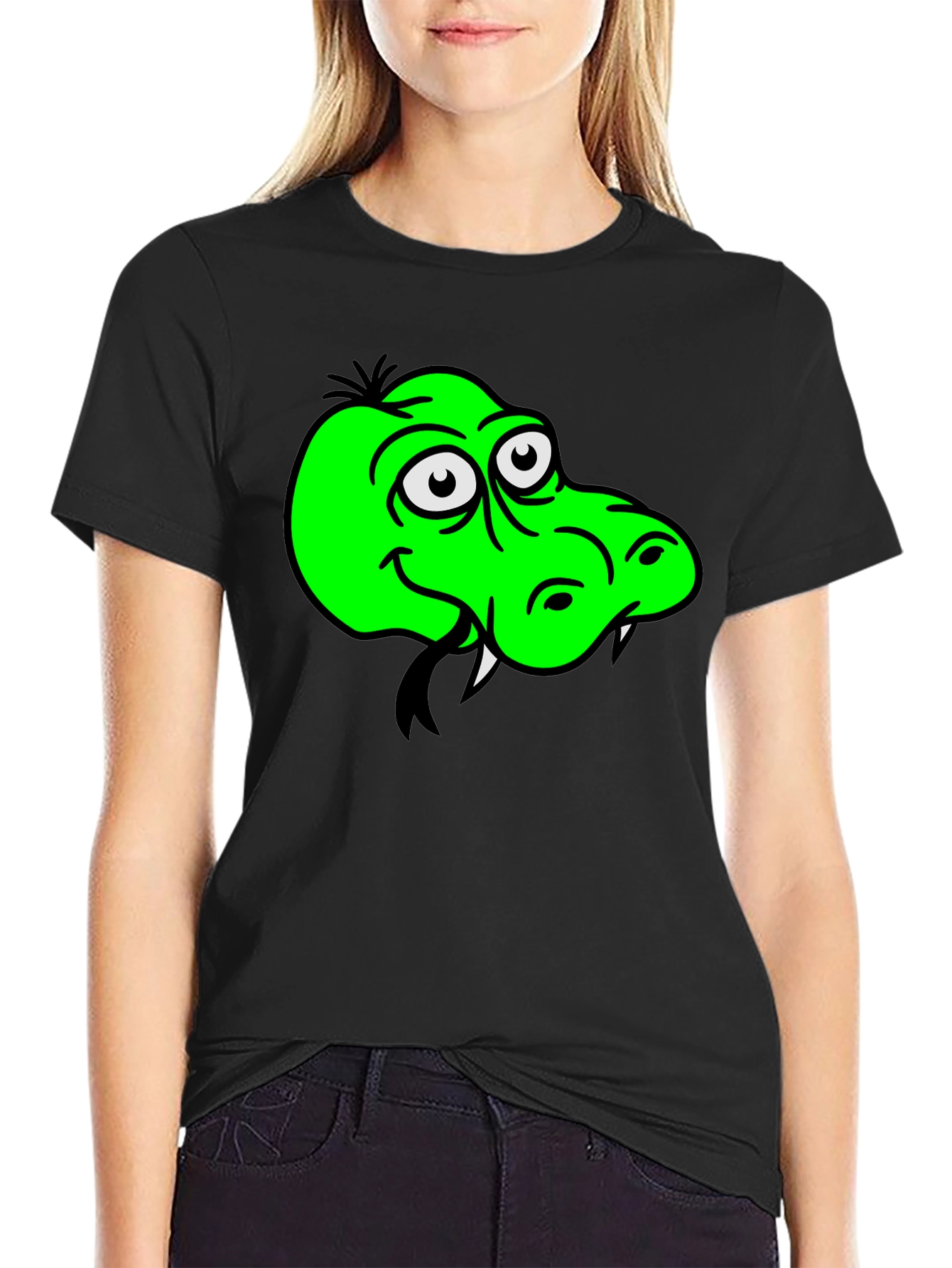 Cartoon Green Alligator Graphic Black T-Shirt