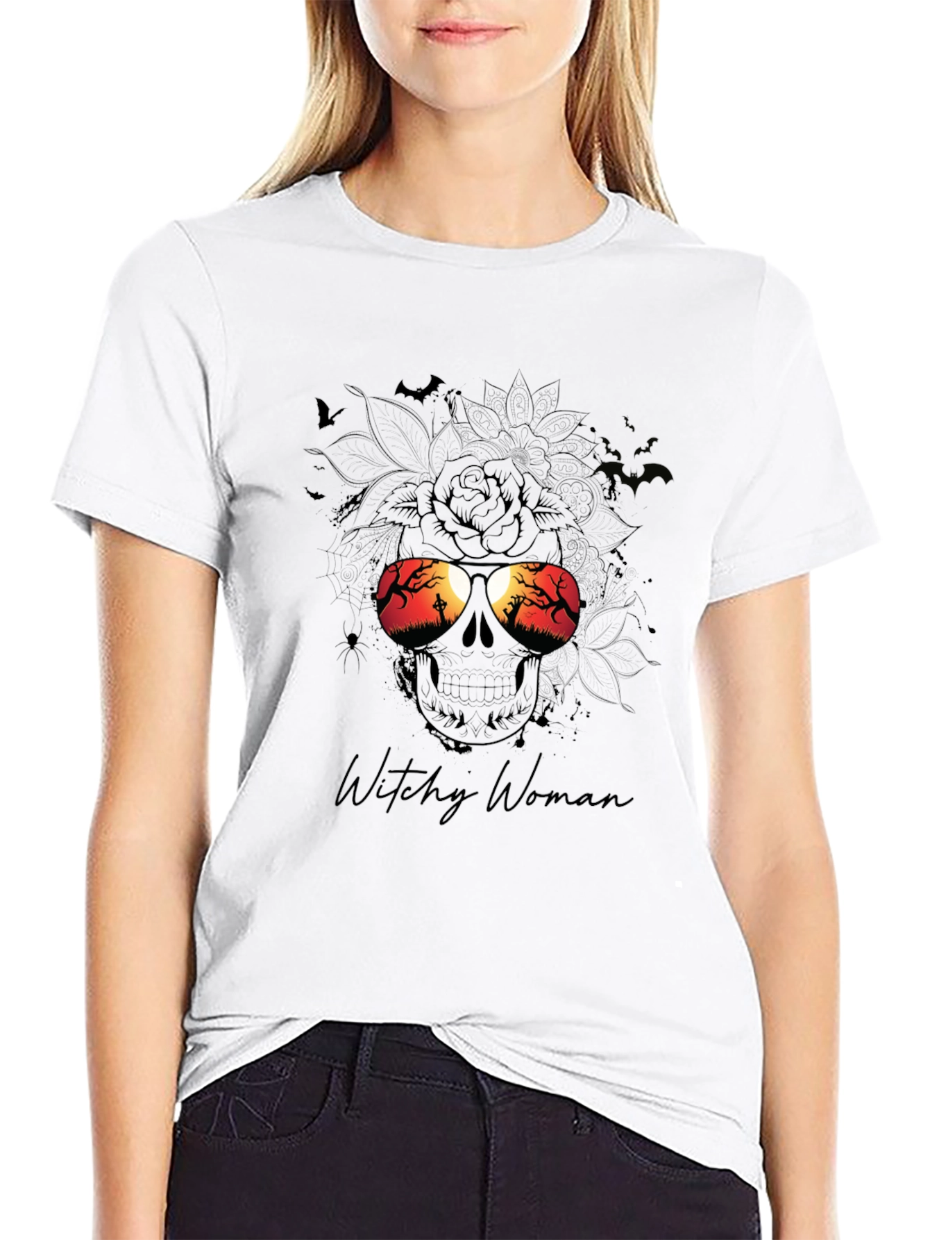 Witchy Woman Skull Halloween Graphic T-Shirt