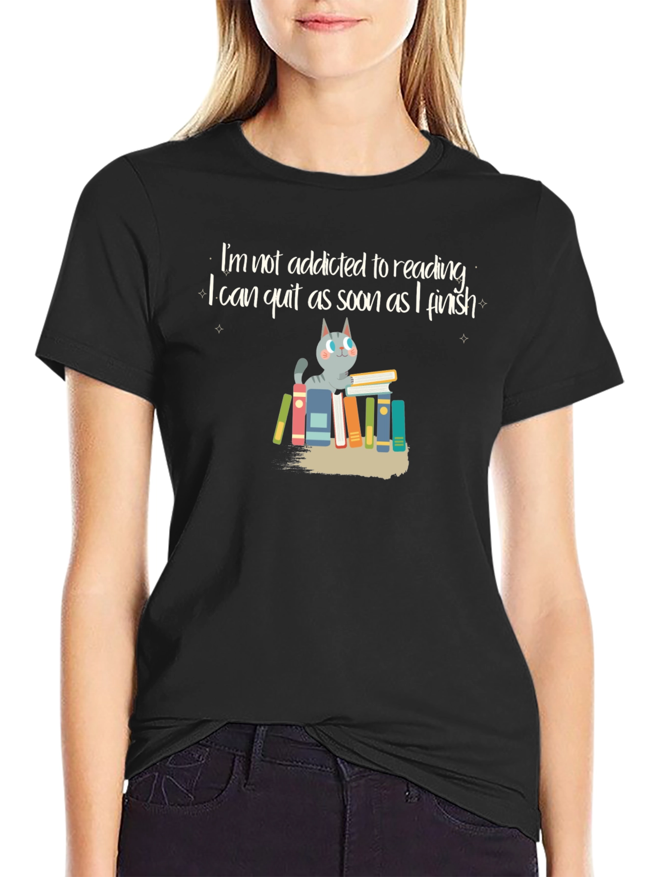 Reading Addict Cat Graphic T-Shirt
