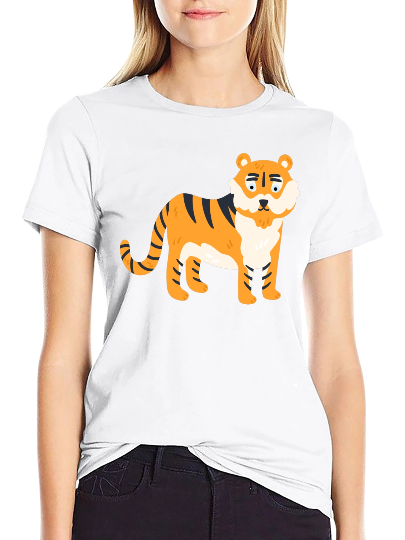 Cartoon Tiger Graphic Tee - Black Cotton Blend