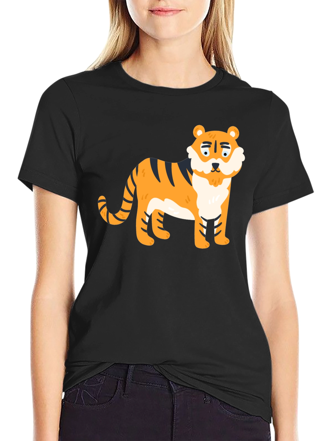Cartoon Tiger Graphic Tee - Black Cotton Blend