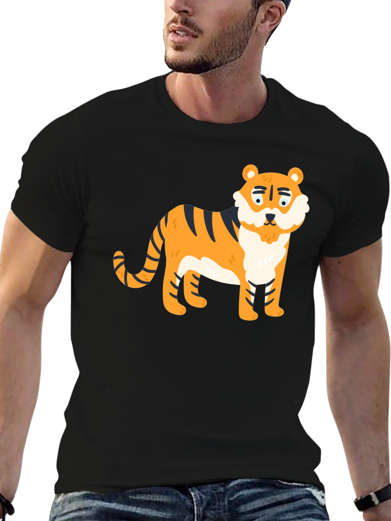 Cartoon Tiger Graphic Tee - Black Cotton Blend