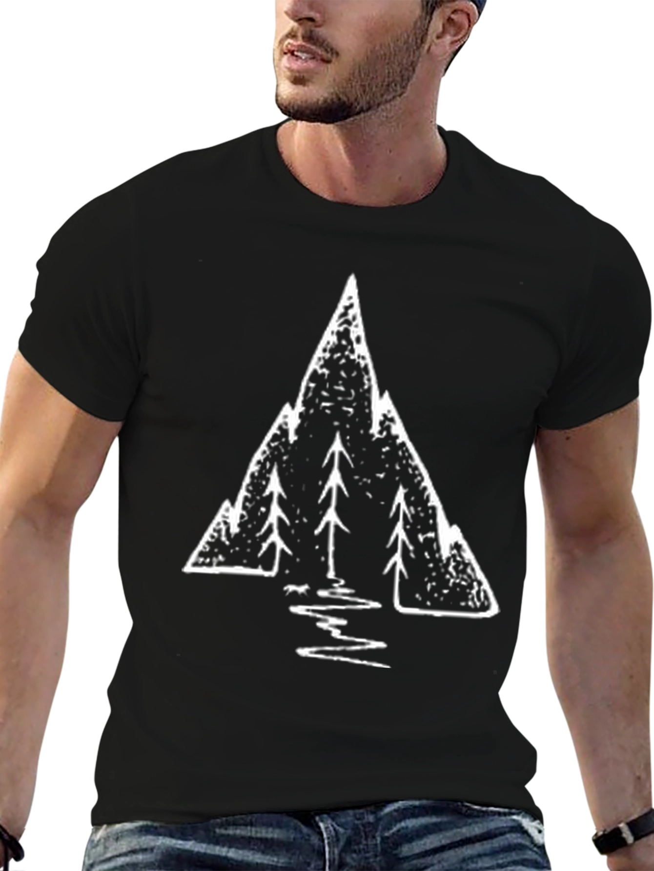 Mountain & Tree Graphic Tee - Black Cotton Blend