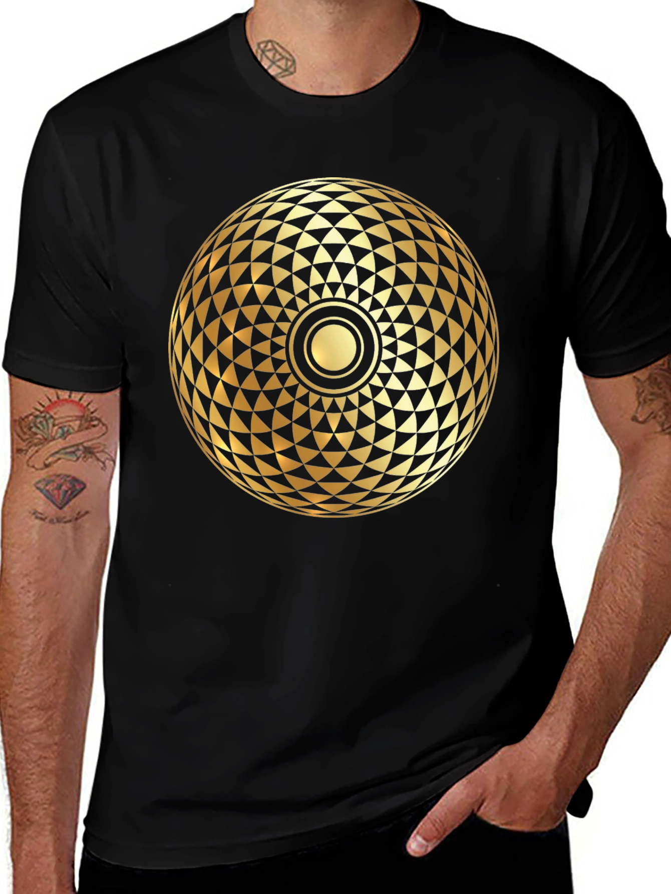 Geometric Gold Print Black T-Shirt