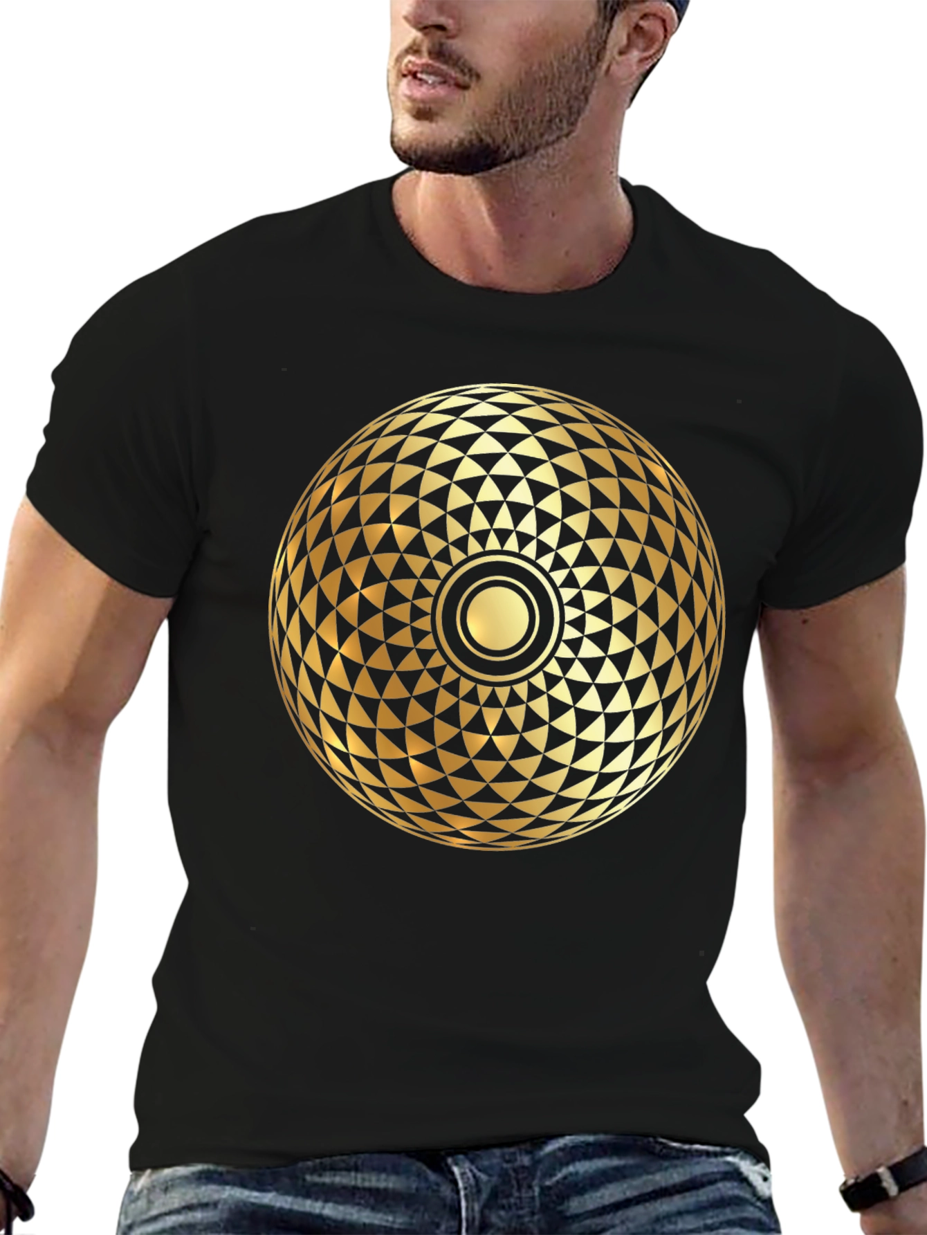 Geometric Gold Print Black T-Shirt