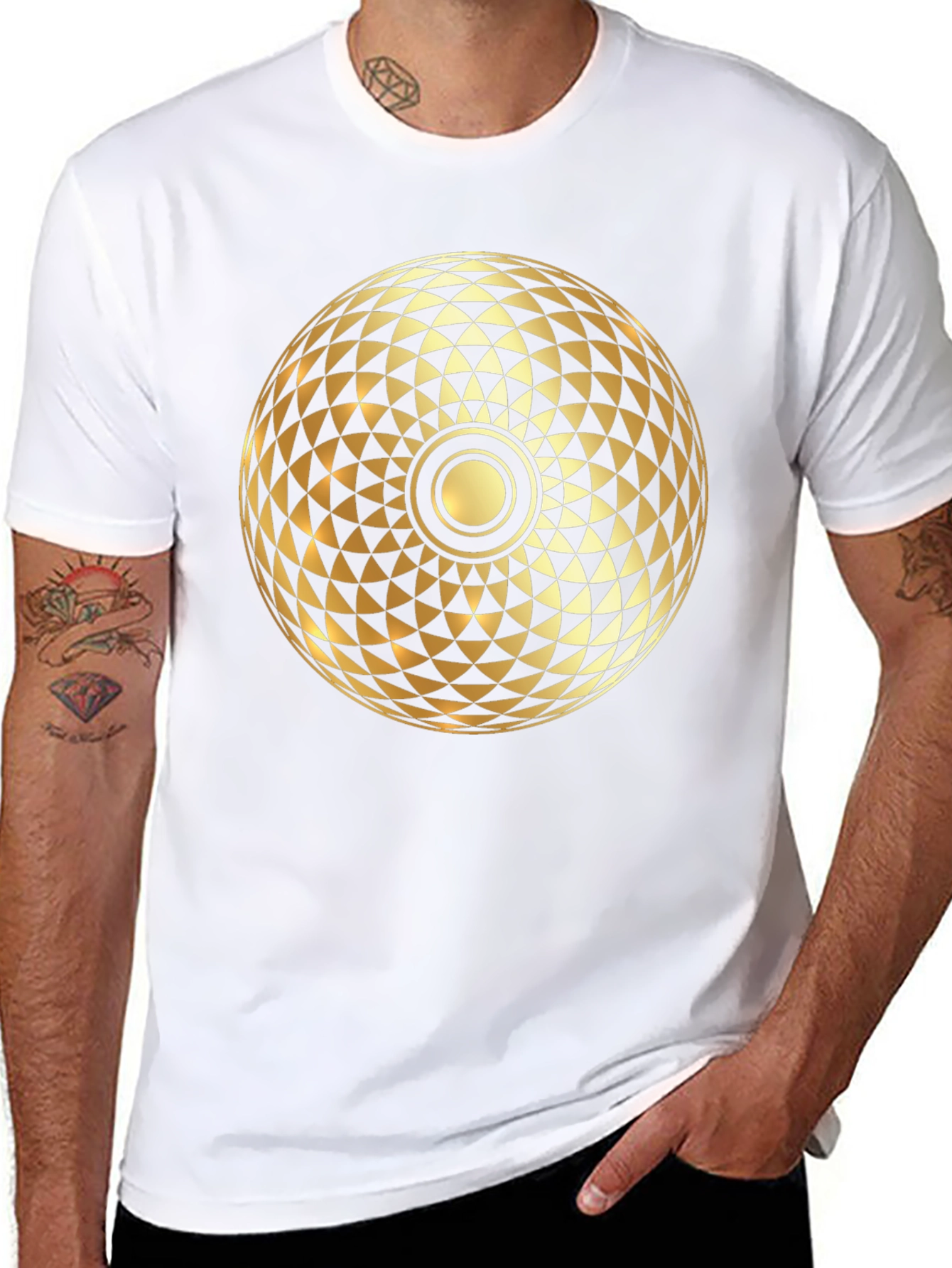 Geometric Gold Print Black T-Shirt