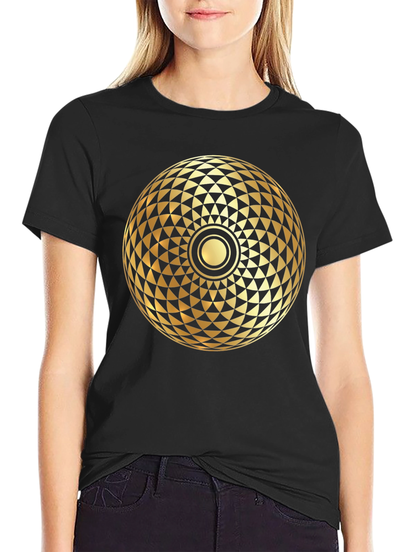 Geometric Gold Print Black T-Shirt