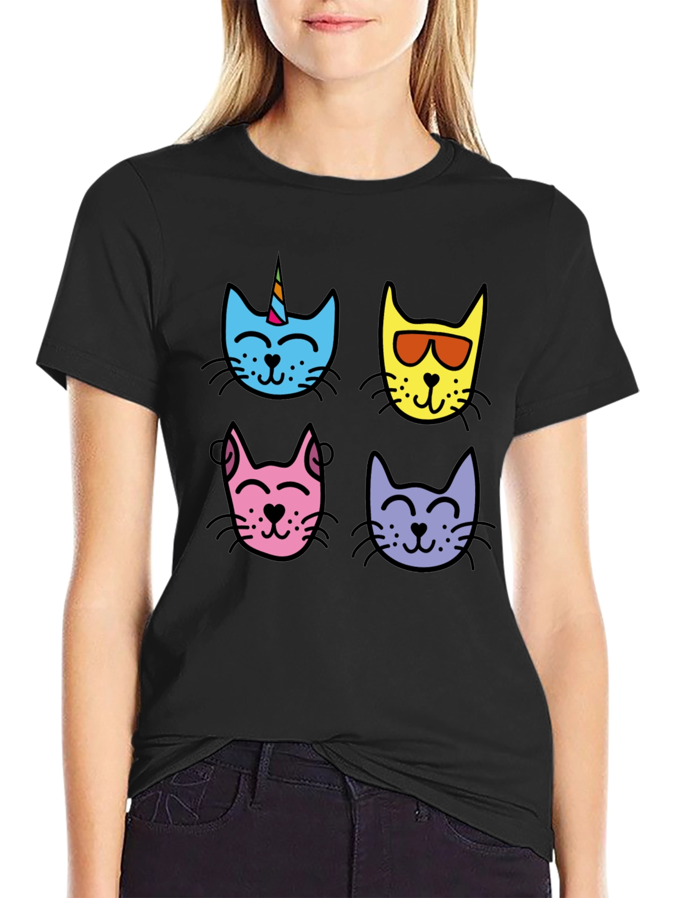Cute Cat Faces Graphic Tee - Mens Black T-Shirt