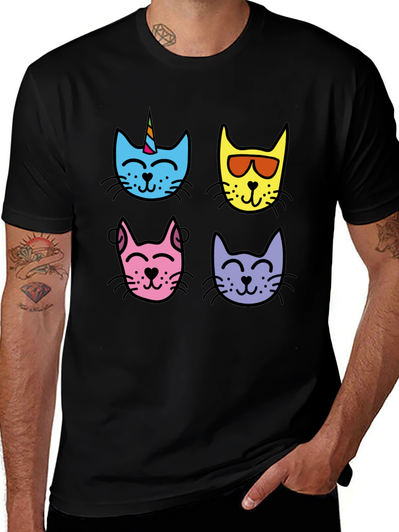 Cute Cat Faces Graphic Tee - Mens Black T-Shirt