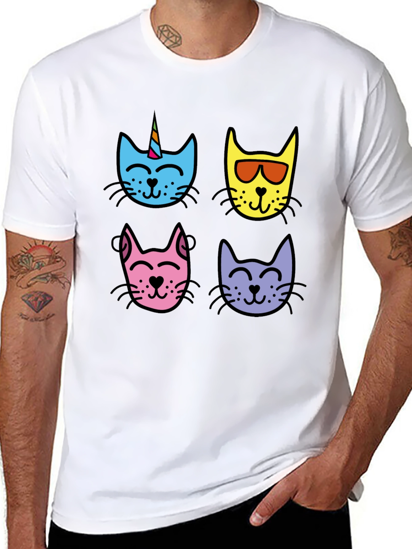 Cute Cat Faces Graphic Tee - Mens Black T-Shirt
