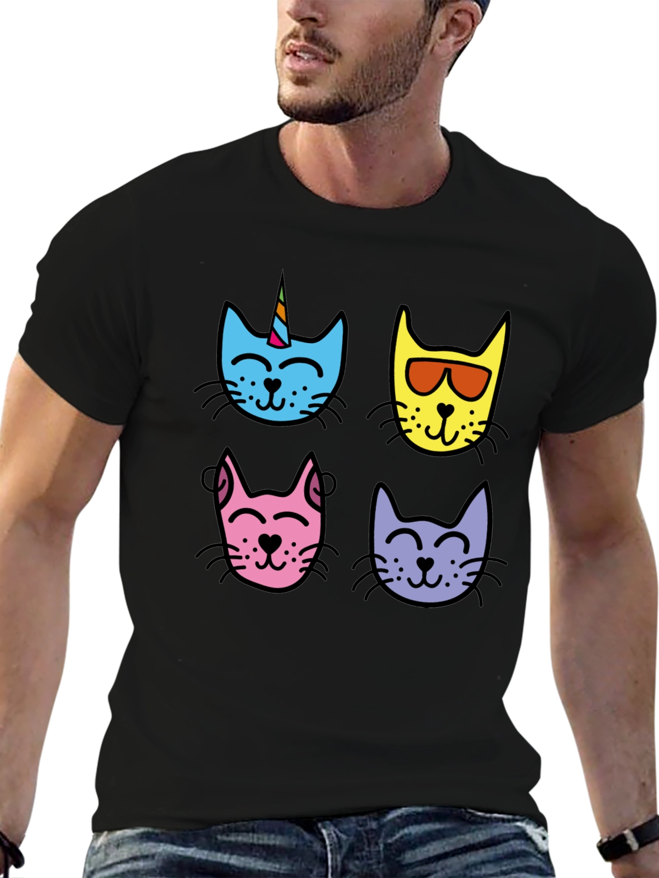 Cute Cat Faces Graphic Tee - Mens Black T-Shirt