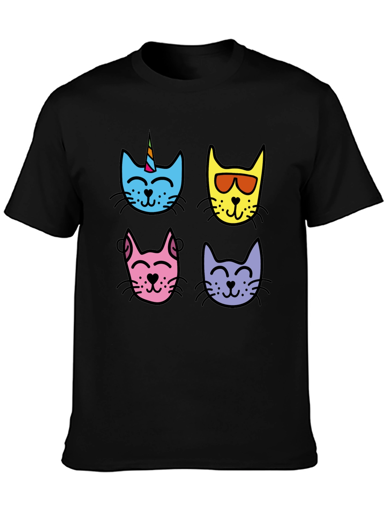 Cute Cat Faces Graphic Tee - Mens Black T-Shirt