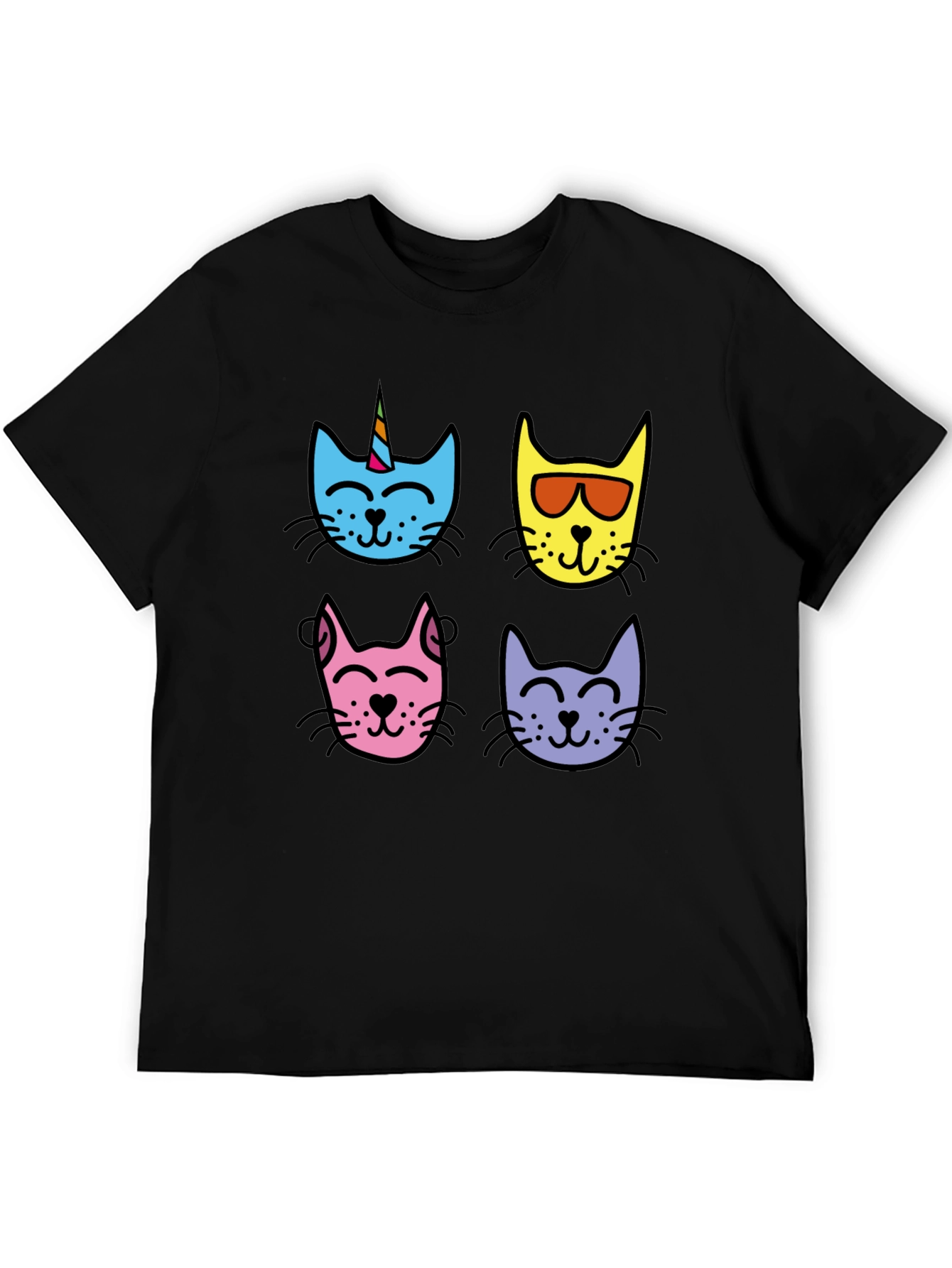 Cute Cat Faces Graphic Tee - Mens Black T-Shirt