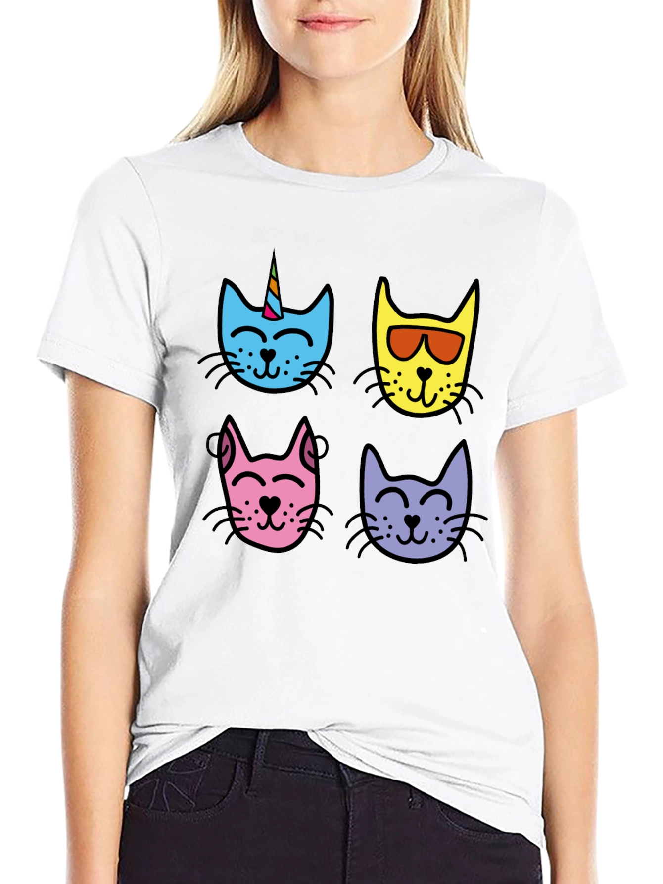 Cute Cat Faces Graphic Tee - Mens Black T-Shirt