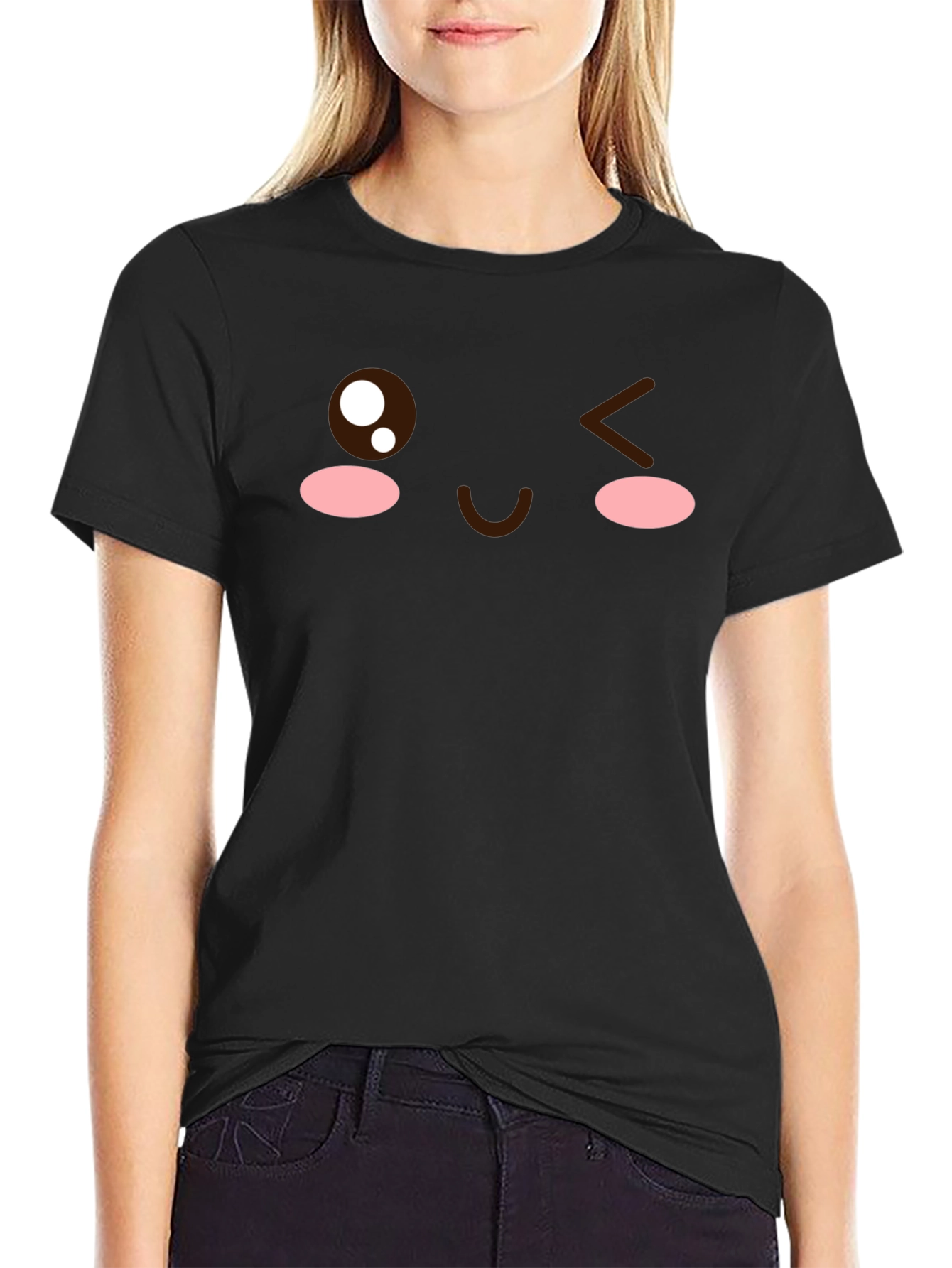 Winking Face Graphic Tee - Black Cotton T-Shirt