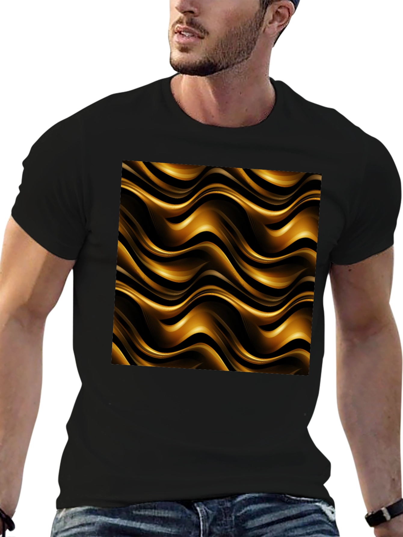 Elegant Black Tee with Gold Wave Pattern