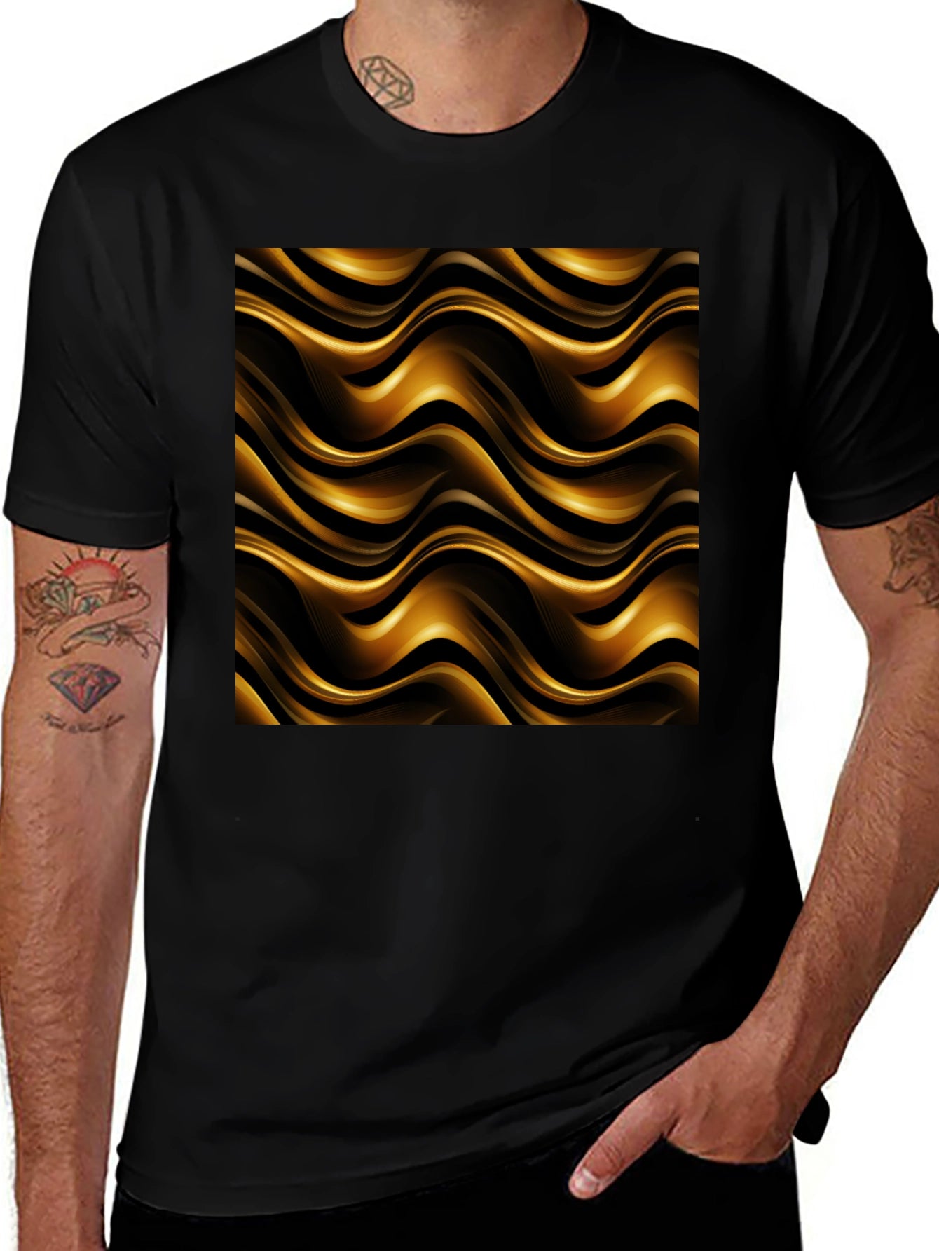 Elegant Black Tee with Gold Wave Pattern