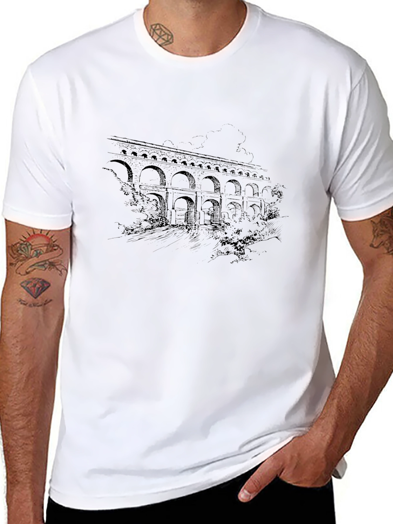 Architectural Bridge Print Black T-Shirt