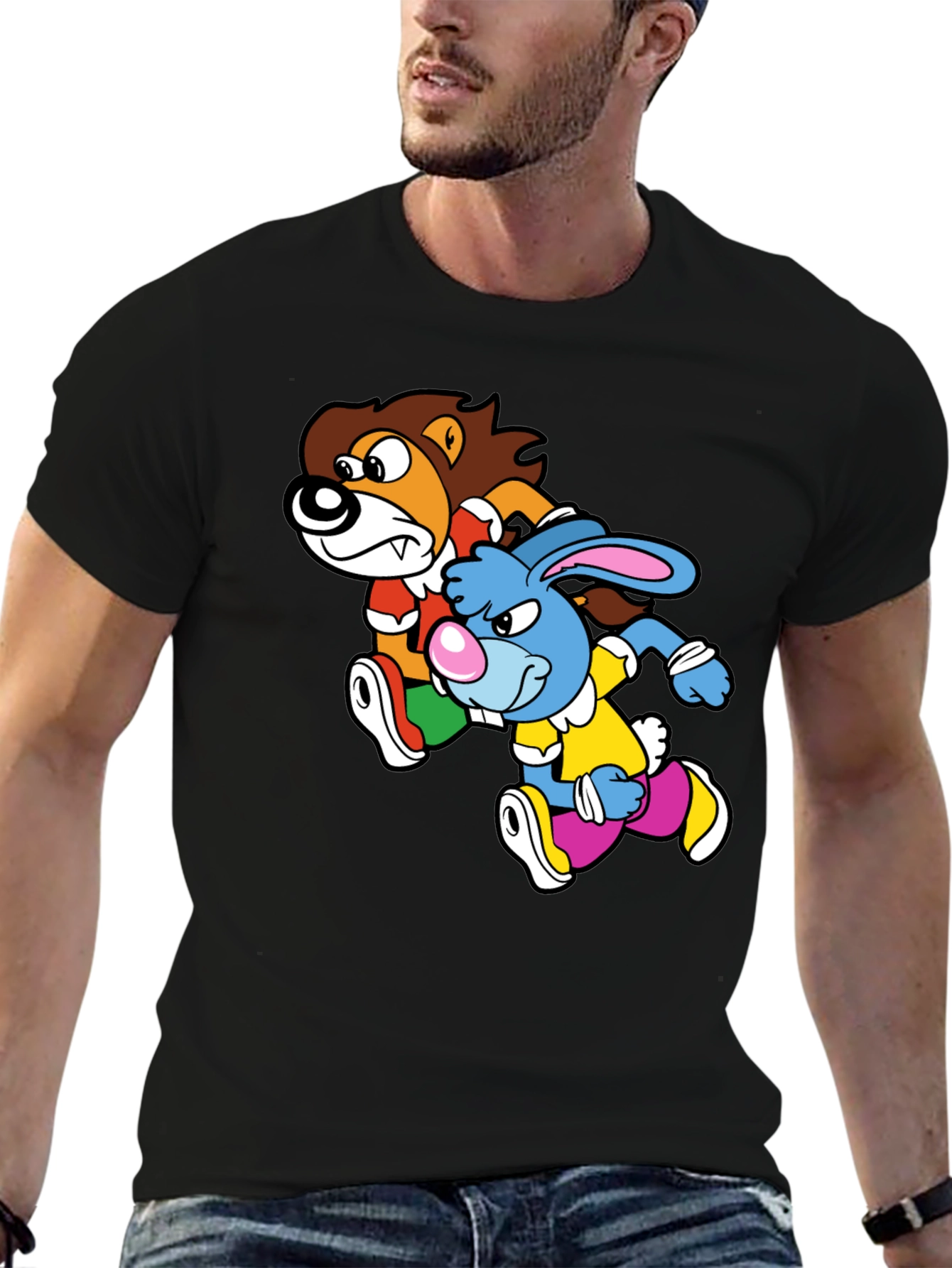 Lion and Rabbit Cartoon Graphic Black T-Shirt