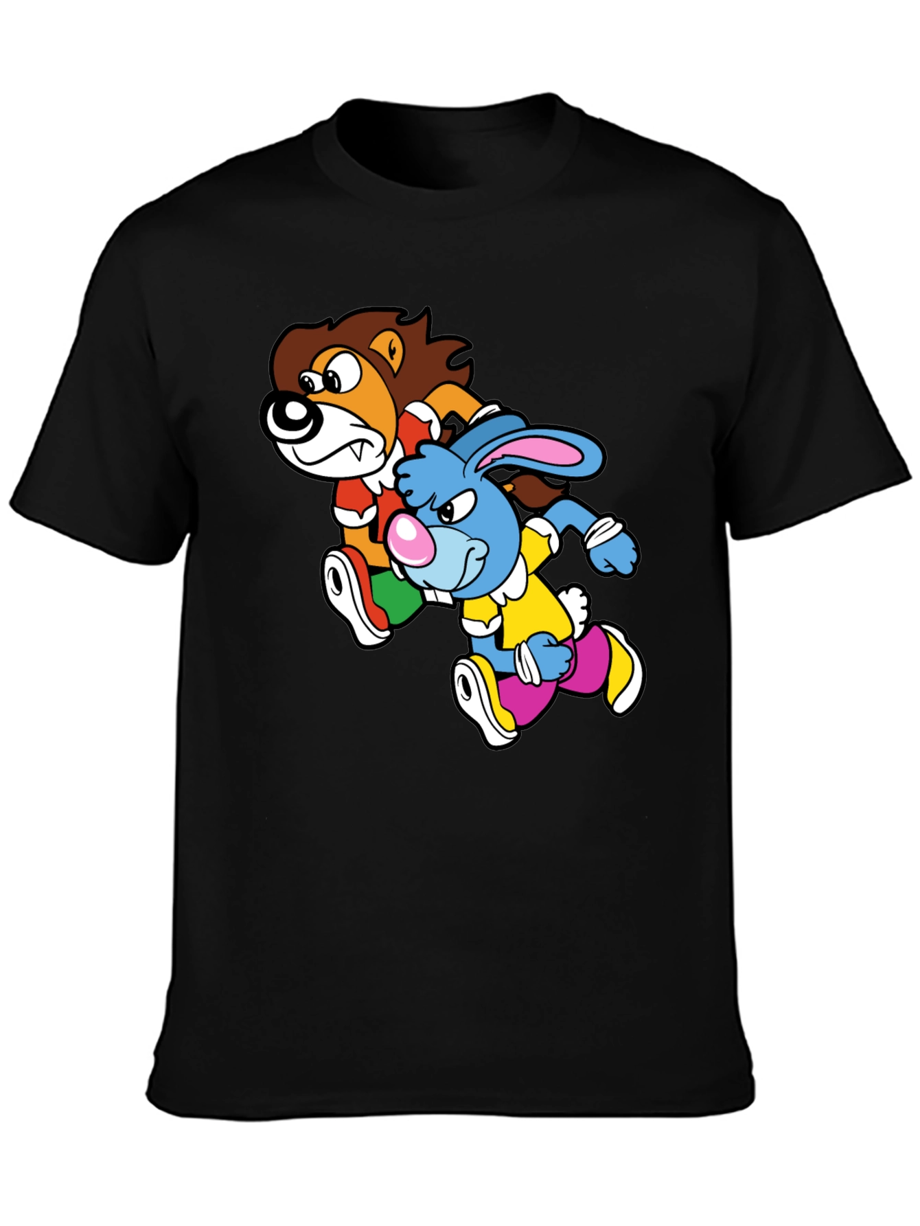 Lion and Rabbit Cartoon Graphic Black T-Shirt