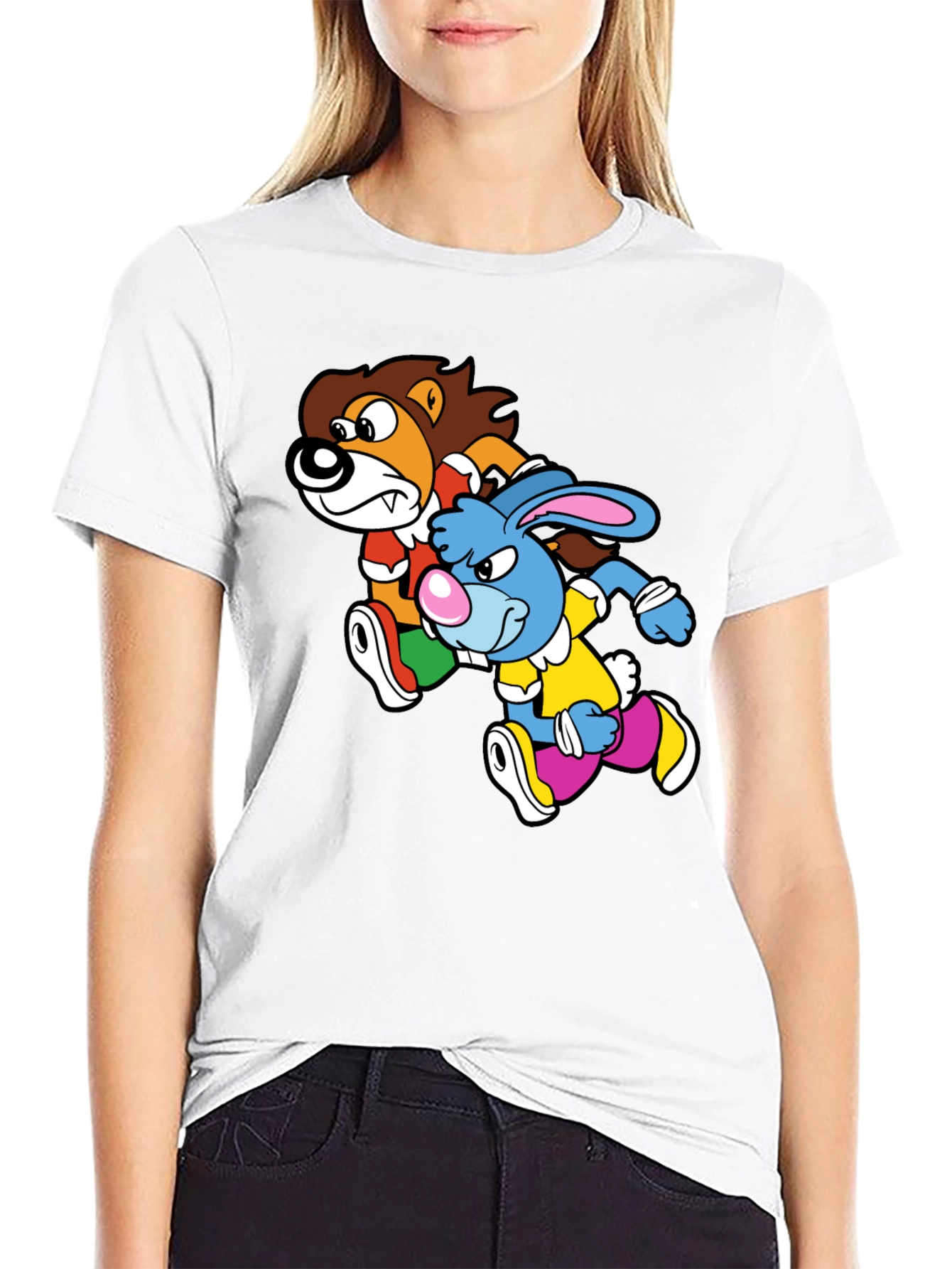 Lion and Rabbit Cartoon Graphic Black T-Shirt